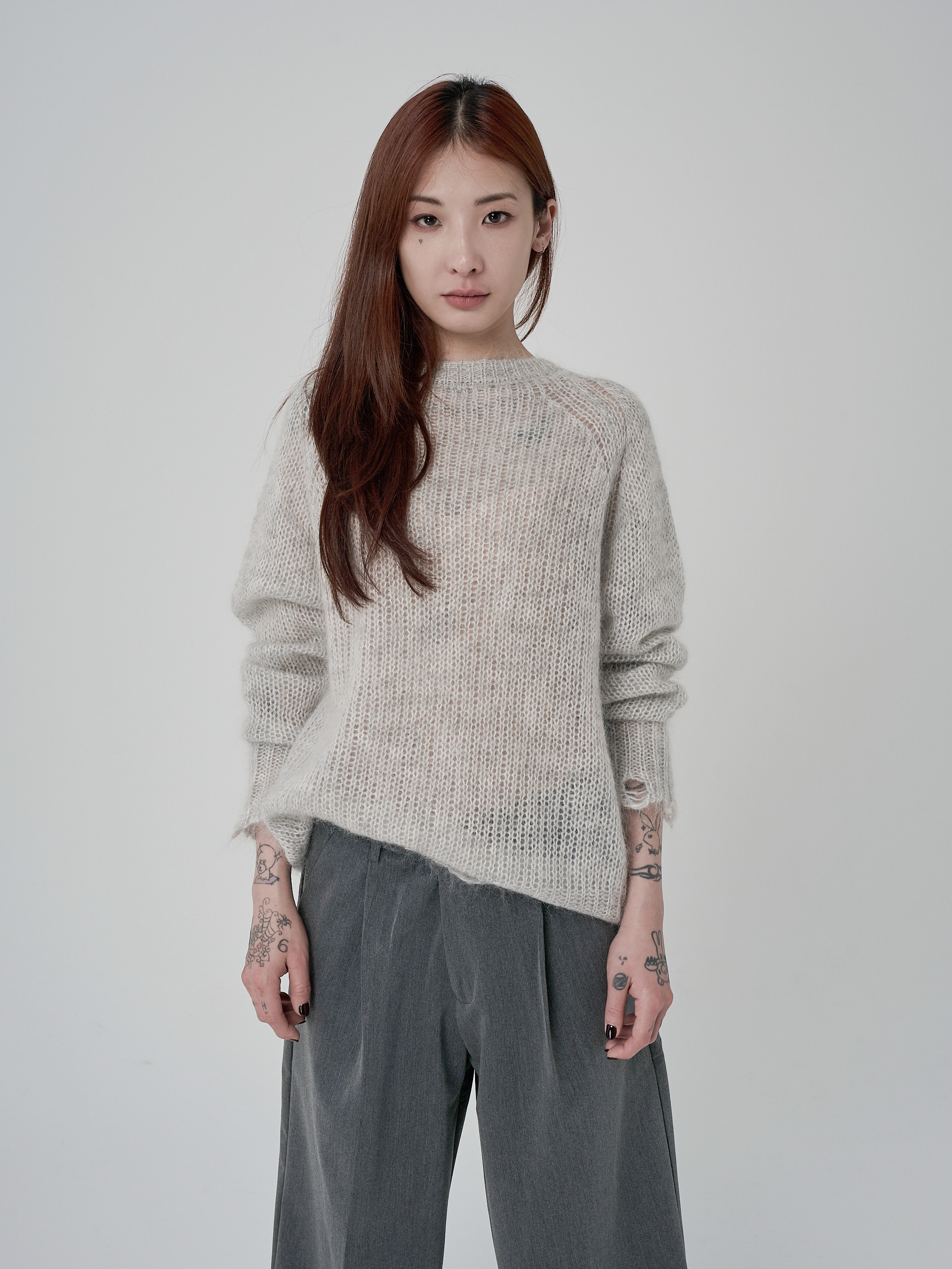 簍空輕量針織長袖-灰