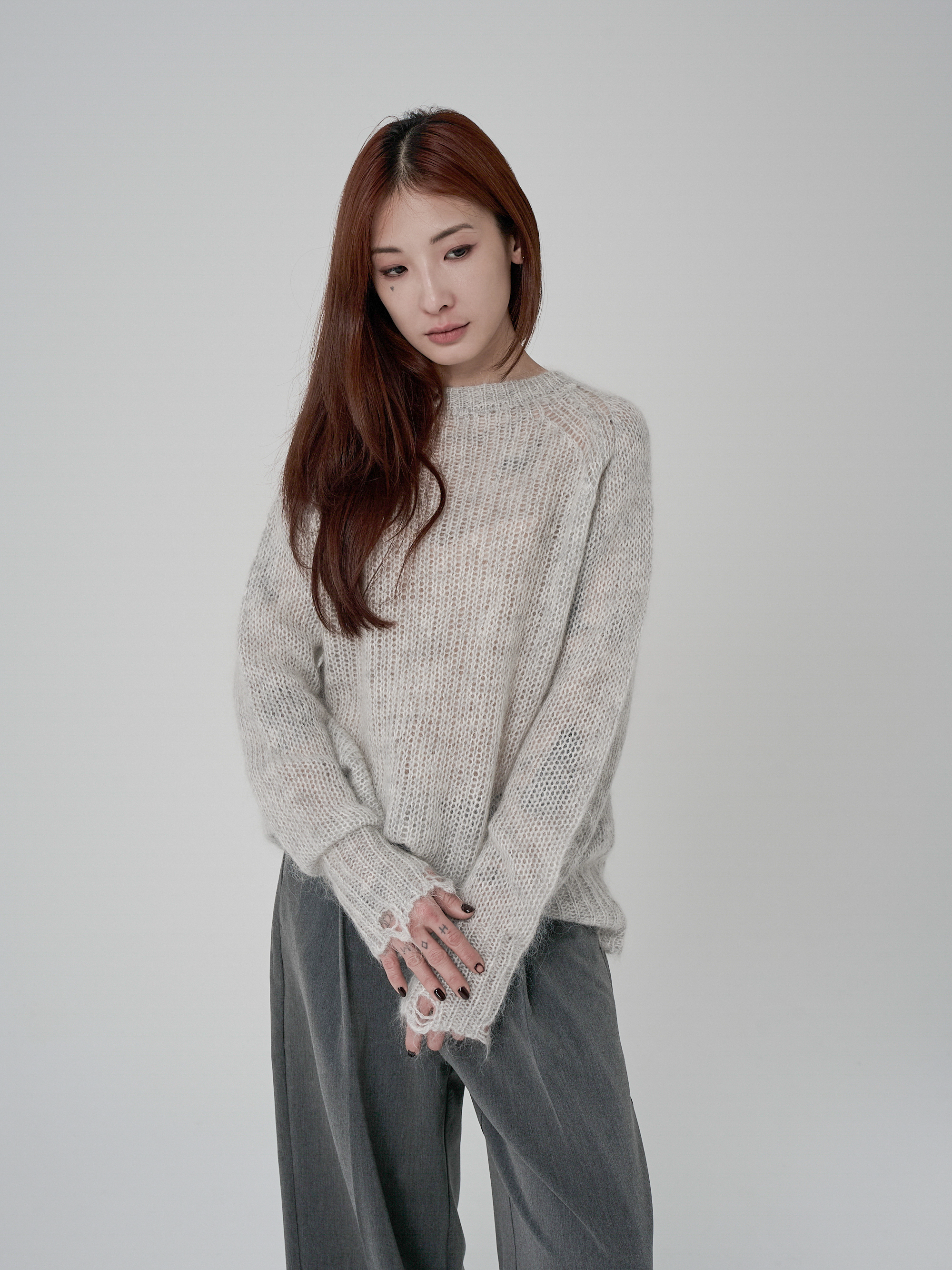 簍空輕量針織長袖-灰
