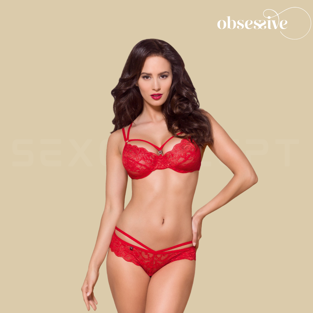 Obsessive - 玫瑰暗紋情趣內衣套裝 860-SET-3 紅色 - S/M/L/XL