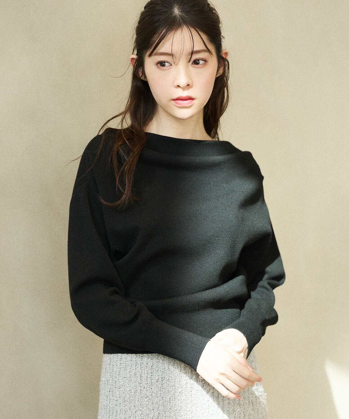 [現貨] COCO DEAL 垂墜感一字領針織衫 黑