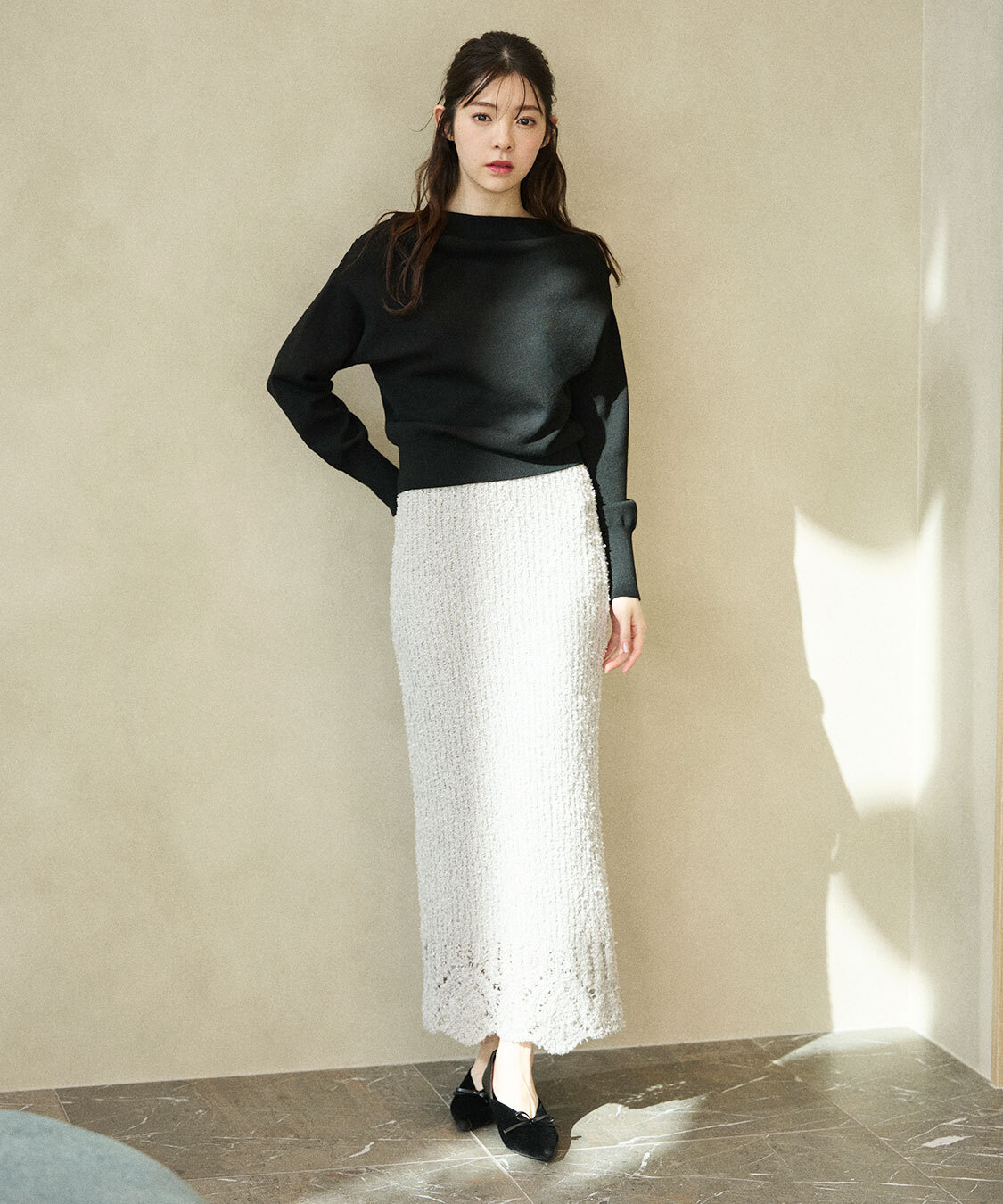 [現貨] COCO DEAL 垂墜感一字領針織衫 黑