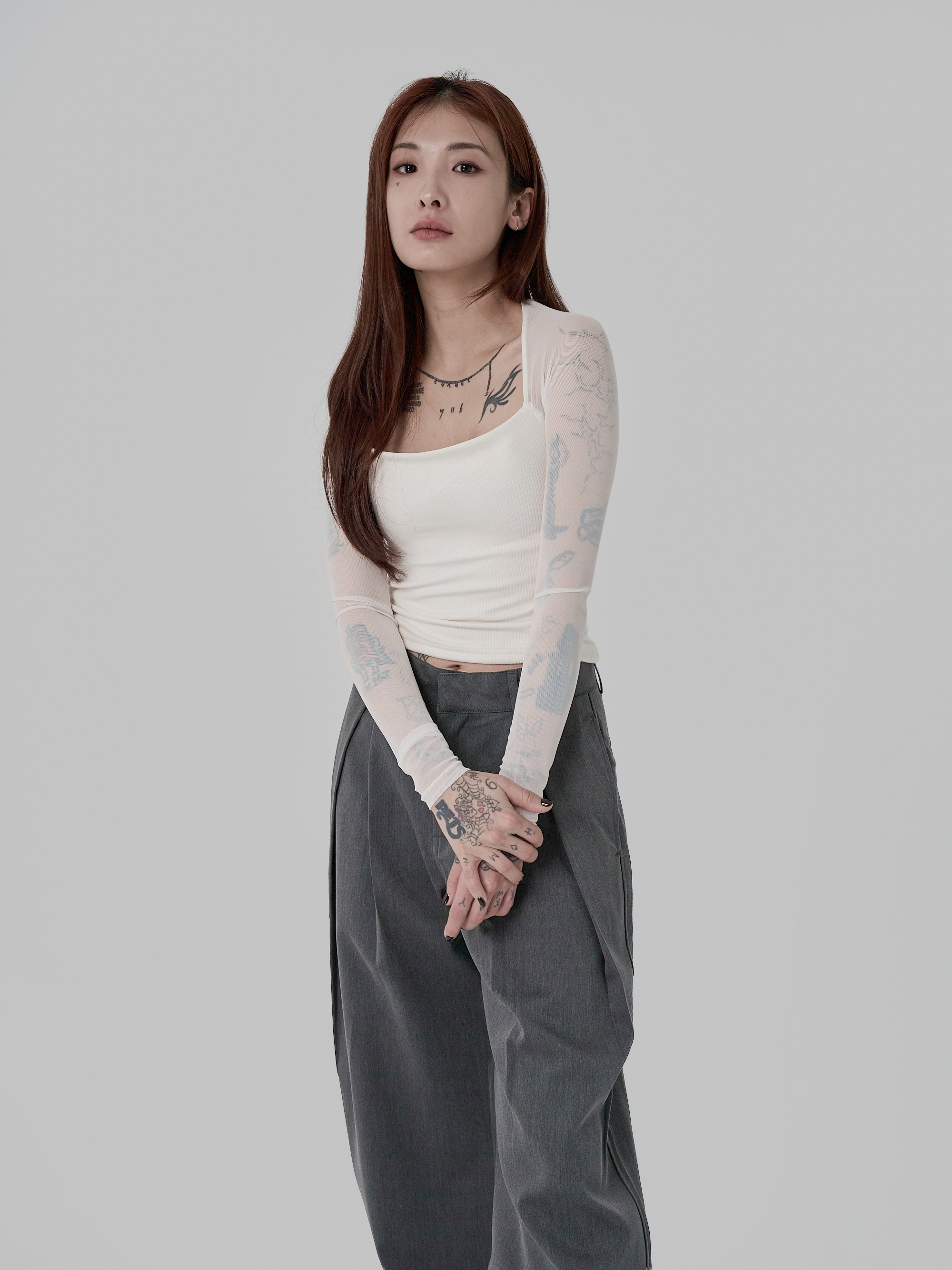 拼接一字領透感長袖-白