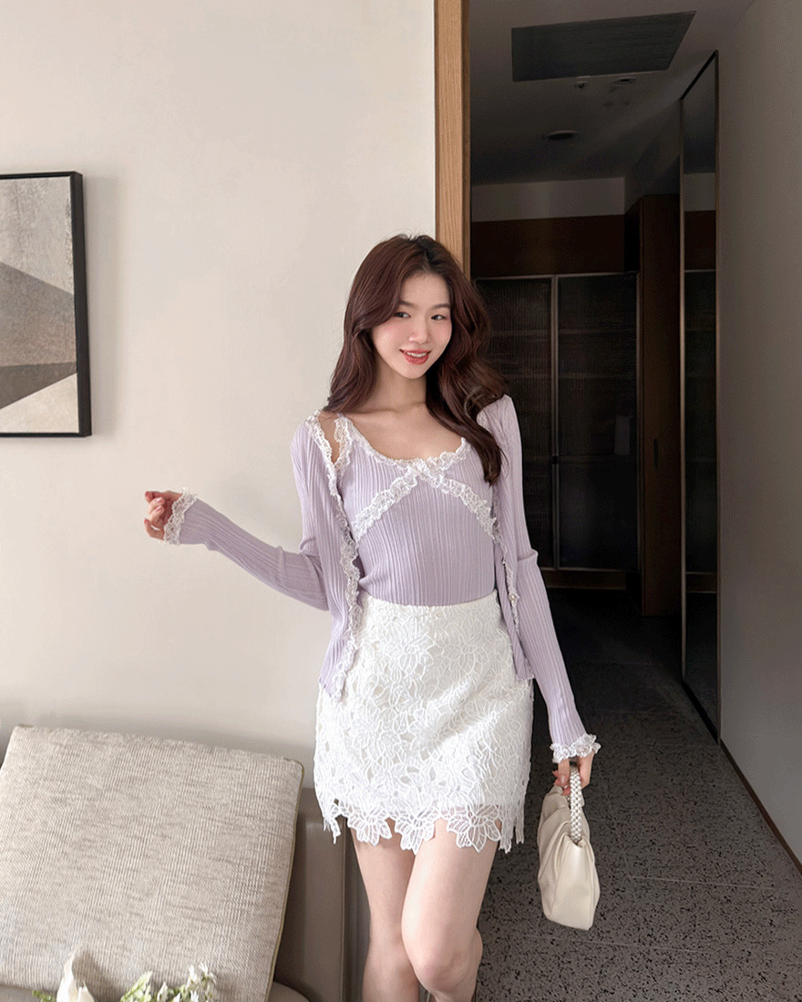 LINA LINA漂亮情調蕾絲坑條外套背心兩件組-優美紫