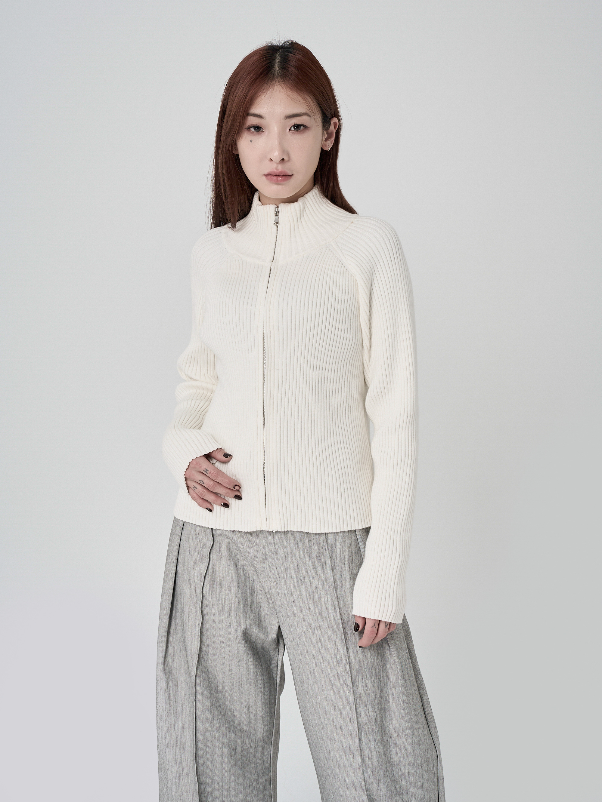 拉鍊立領竪針織外套