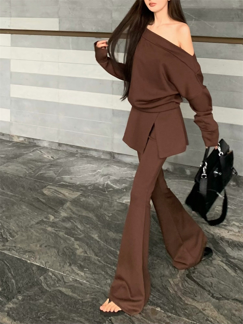 寬鬆斜肩上衣+假2件喇叭褲(2件組)