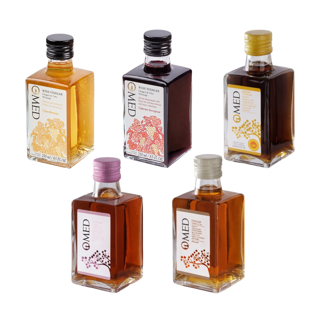 O-MED Wine Vinegar Series Sherry · Moscatel · Chardonnay · Cabernet · Rosé