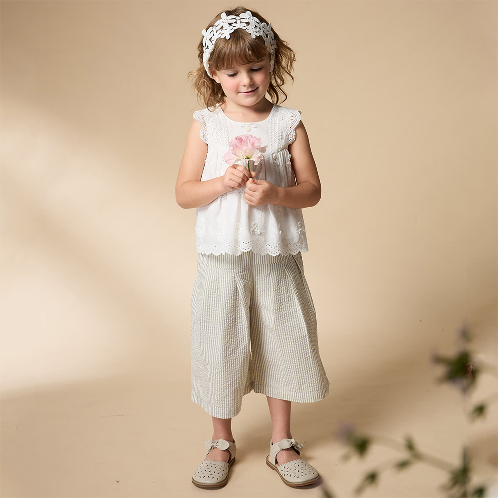 PIPPY 舒適直條紋寬口8分長褲 米白