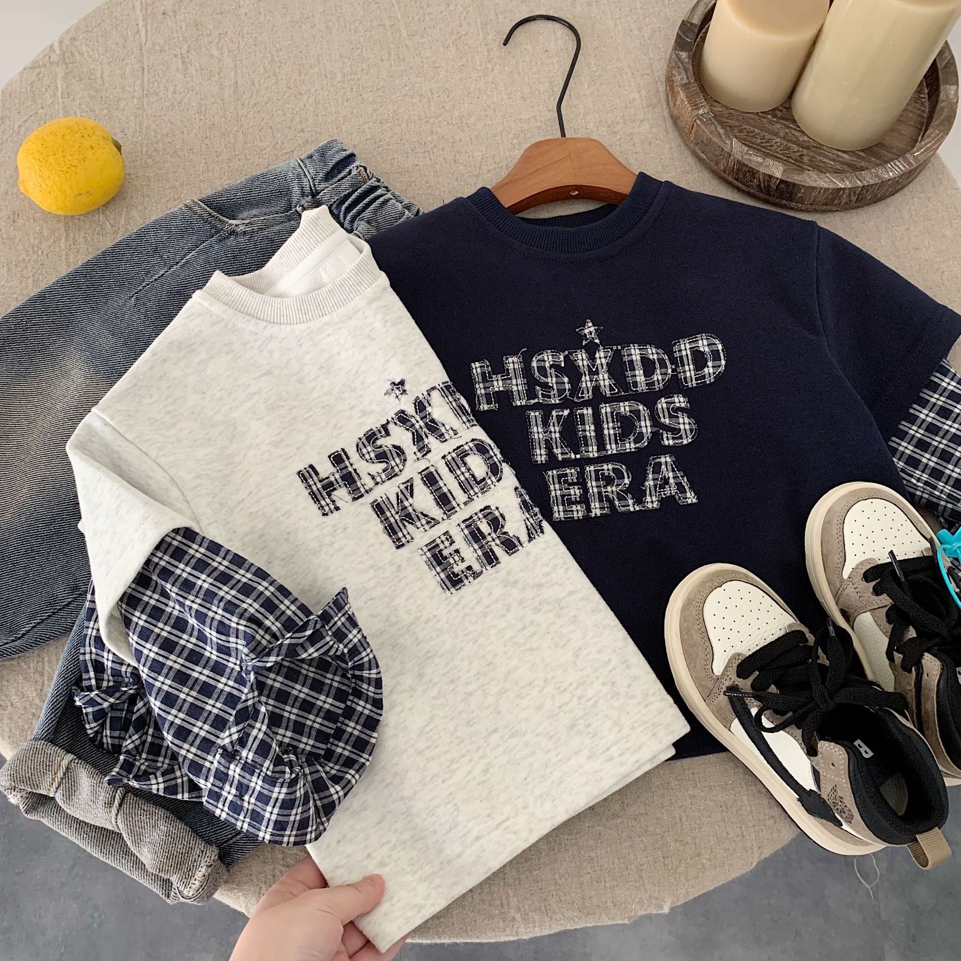 【H0369】韓版假兩件刺繡圓領上衣(90-140)
