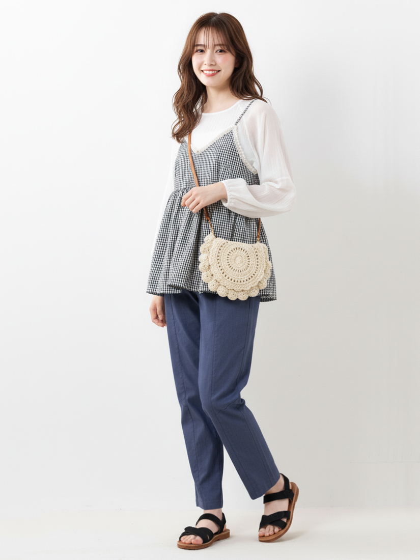 蕾絲格紋背心透膚上衣貓咪口袋九分褲組合