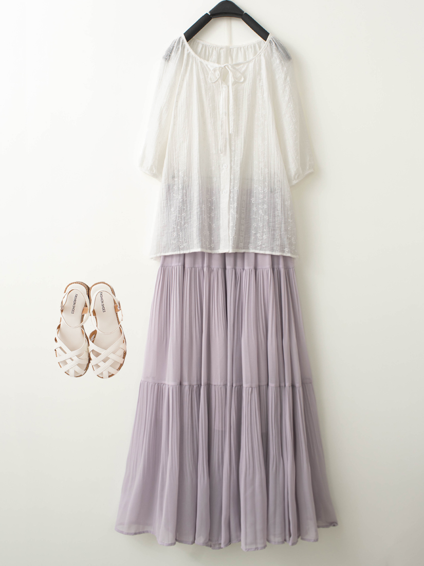 繡花領口綁帶上衣壓褶雪紡層次蛋糕裙組合