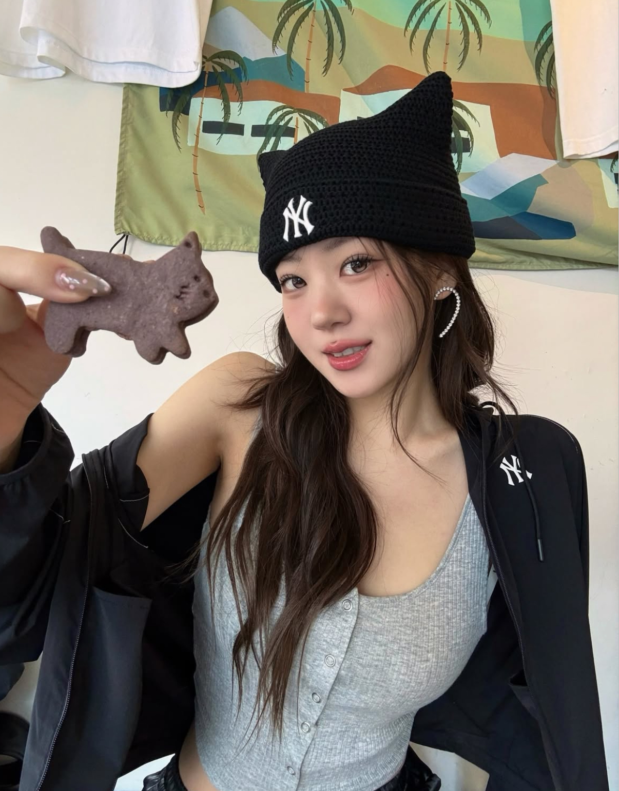 韓國🇰🇷連線 MLB 針織貓耳帽 毛帽 刺繡 夏季版 春季版 透氣 黑色 米白色 灰色 KARINA同款 (任買兩件7-11免運)/預購