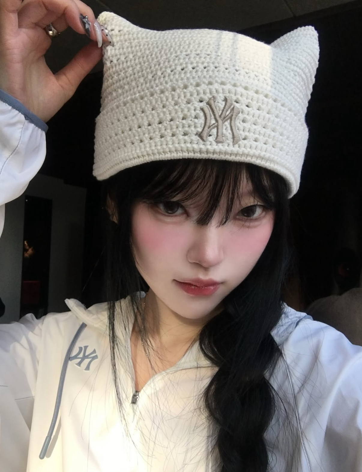 韓國🇰🇷連線 MLB 針織貓耳帽 毛帽 刺繡 夏季版 春季版 透氣 黑色 米白色 灰色 KARINA同款 (任買兩件7-11免運)/預購