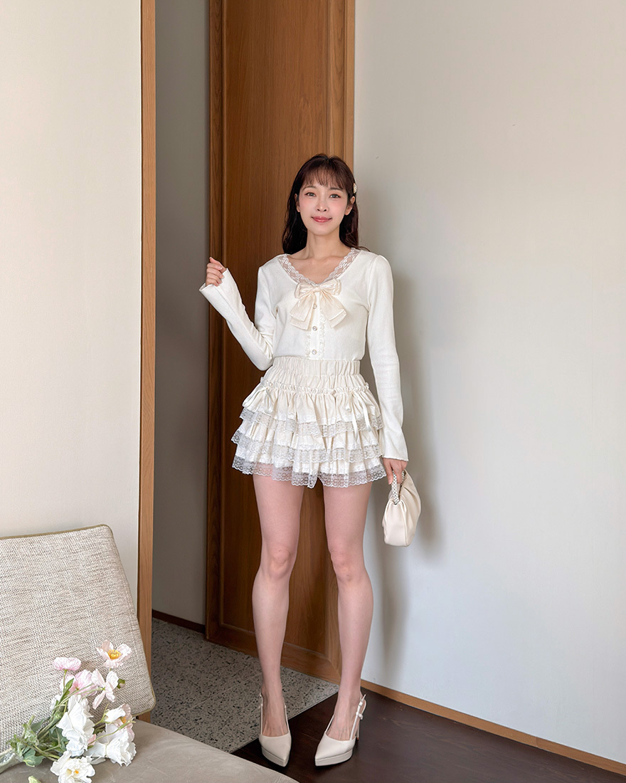 LINA LINA甜美蜜語層次蕾絲蝴蝶結蛋糕褲裙-奶油杏