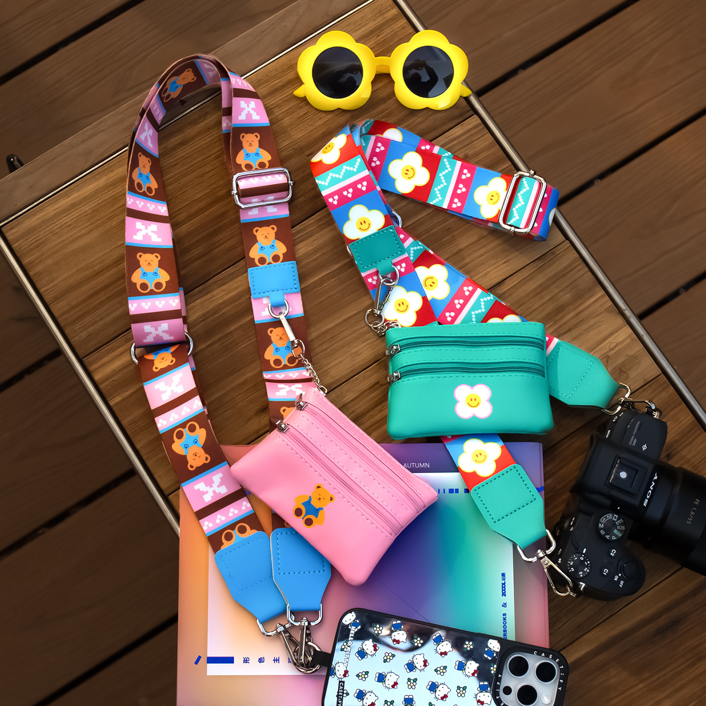 《6577》熊熊小花可拆卸零錢包手機背帶