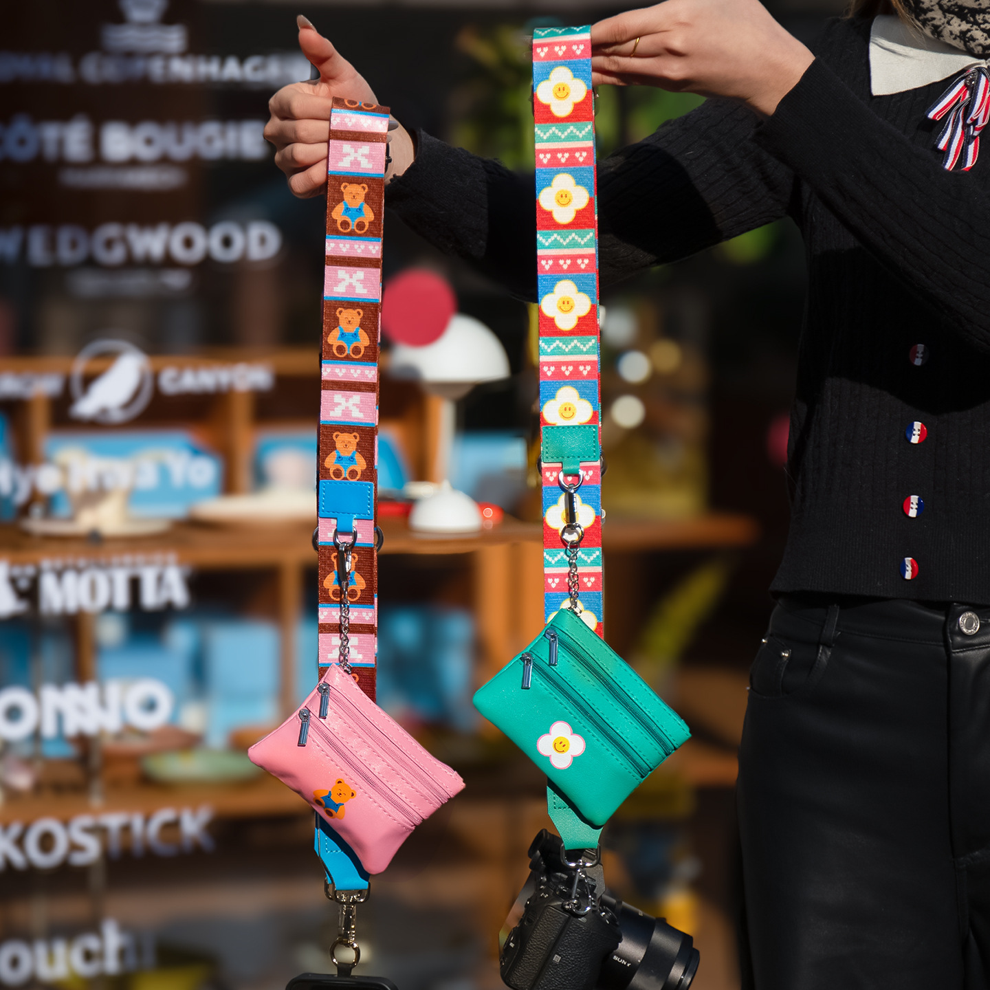 《6577》熊熊小花可拆卸零錢包手機背帶