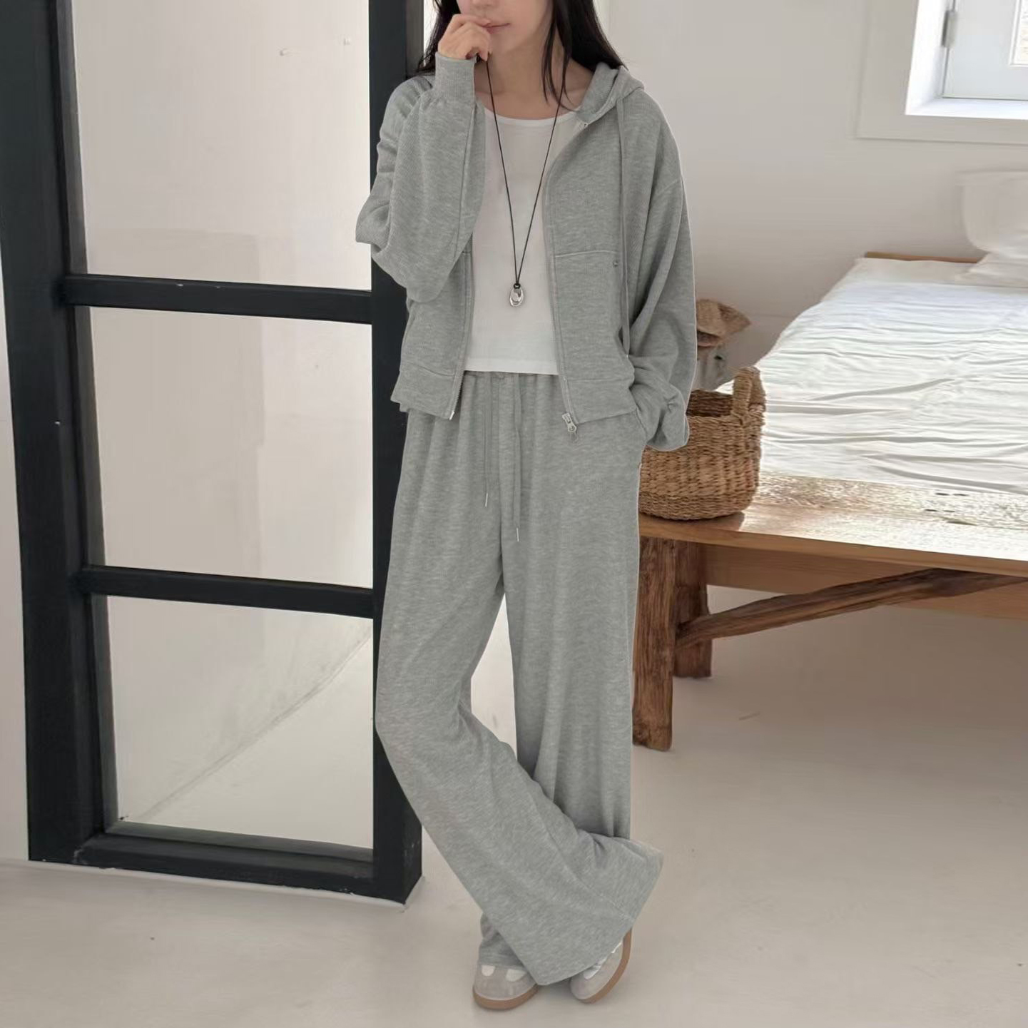 螺紋連帽拉鏈造型外套+鬆緊腰長褲SET / 4色