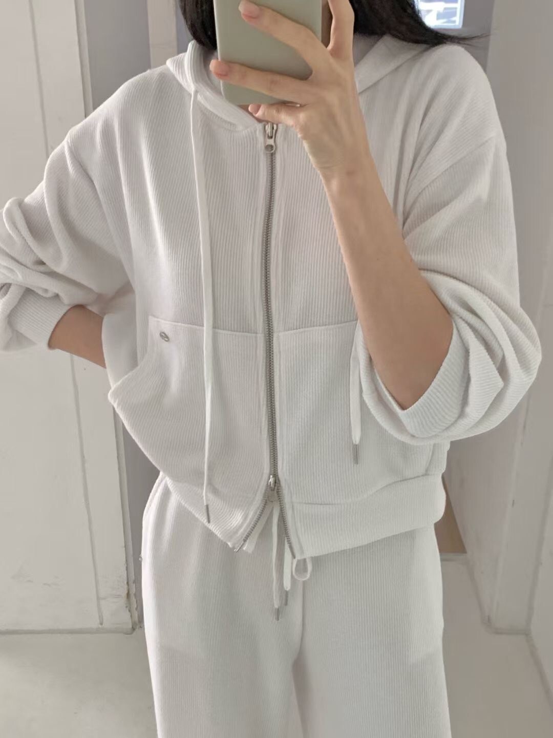 螺紋連帽拉鏈造型外套+鬆緊腰長褲SET / 4色