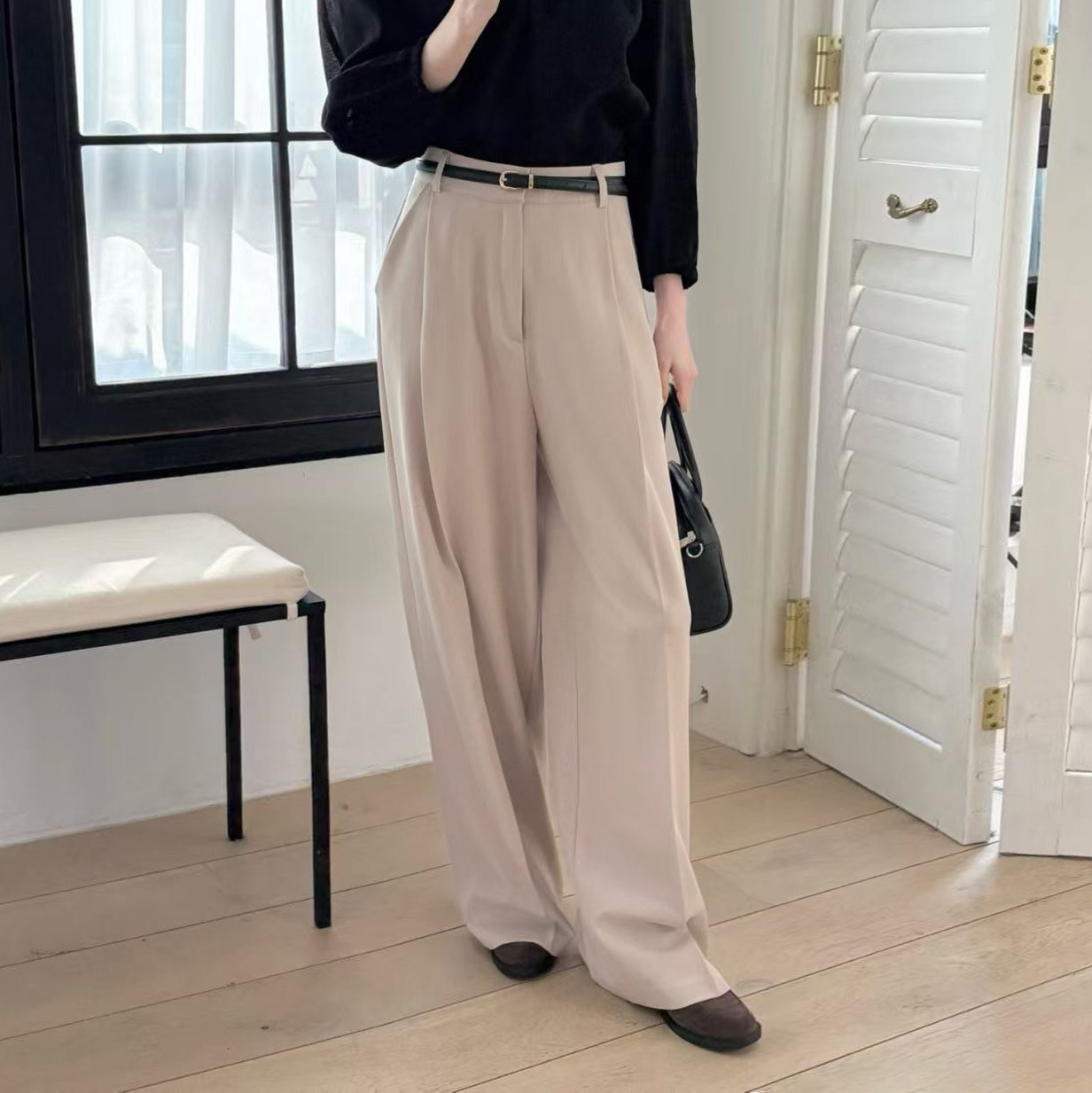 時髦女子打褶造型落地西裝褲長褲-S-M / 3色