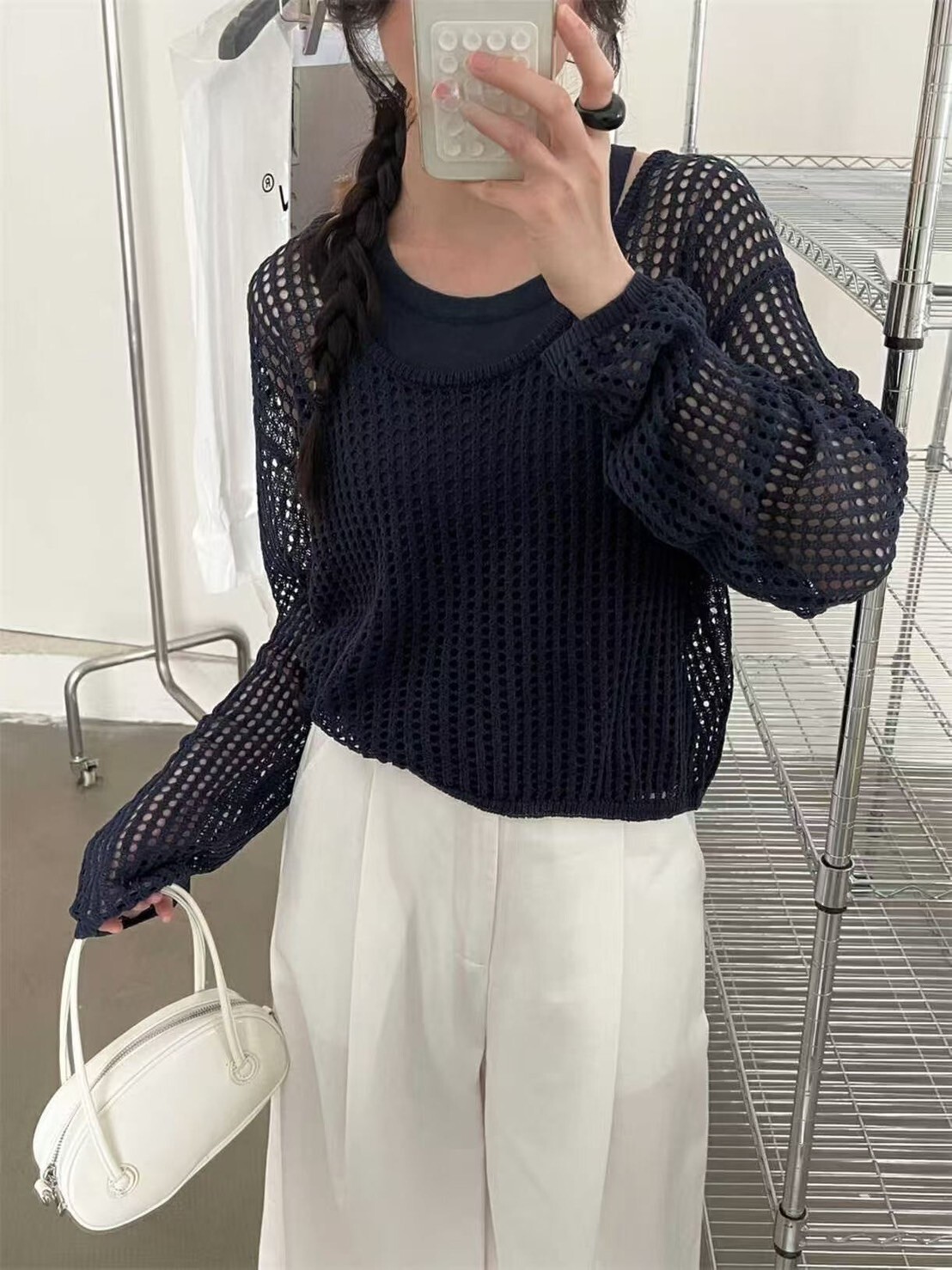 慵懶感洞洞針織圓領上衣+同色系背心SET / 3色