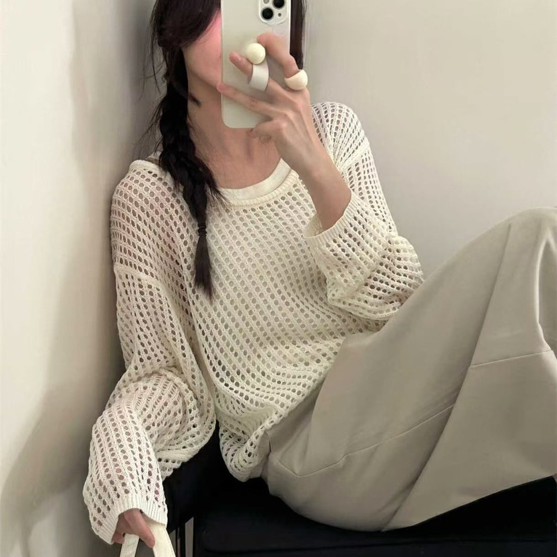慵懶感洞洞針織圓領上衣+同色系背心SET / 3色