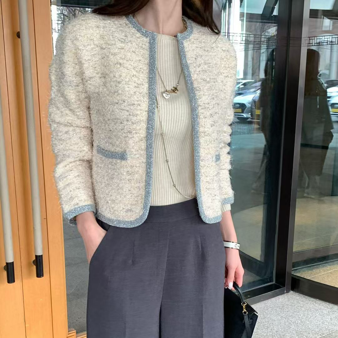 可愛配色滾邊毛毛針織感圓領外套 / 3色