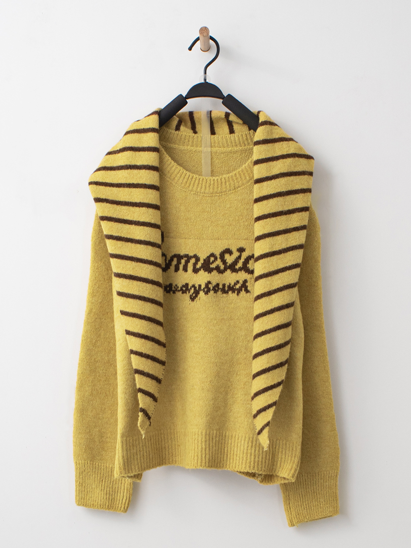 條紋披肩針織上衣後開衩條絨直筒長裙