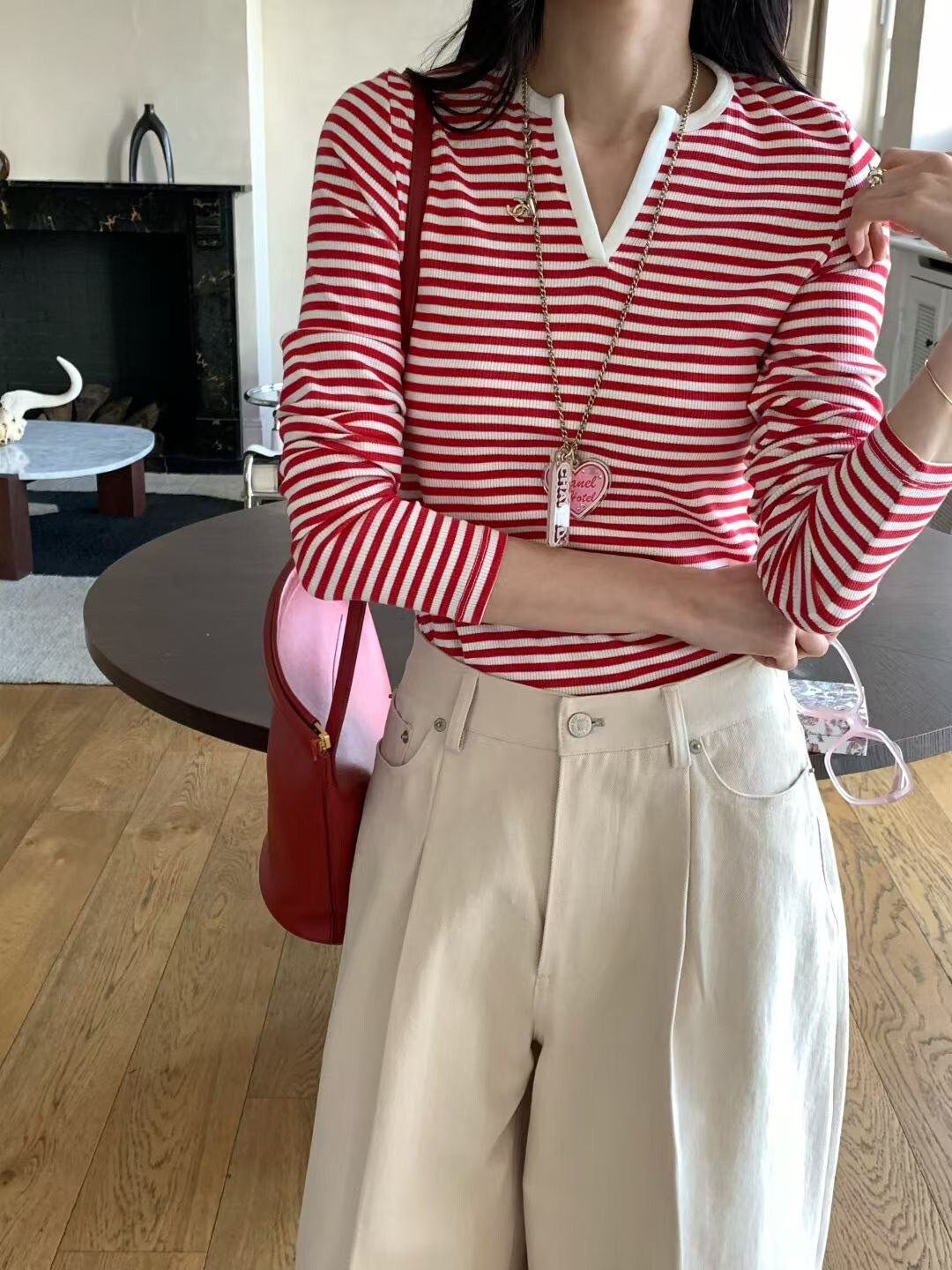 法式配色橫條紋V字圓領上衣 / 3色