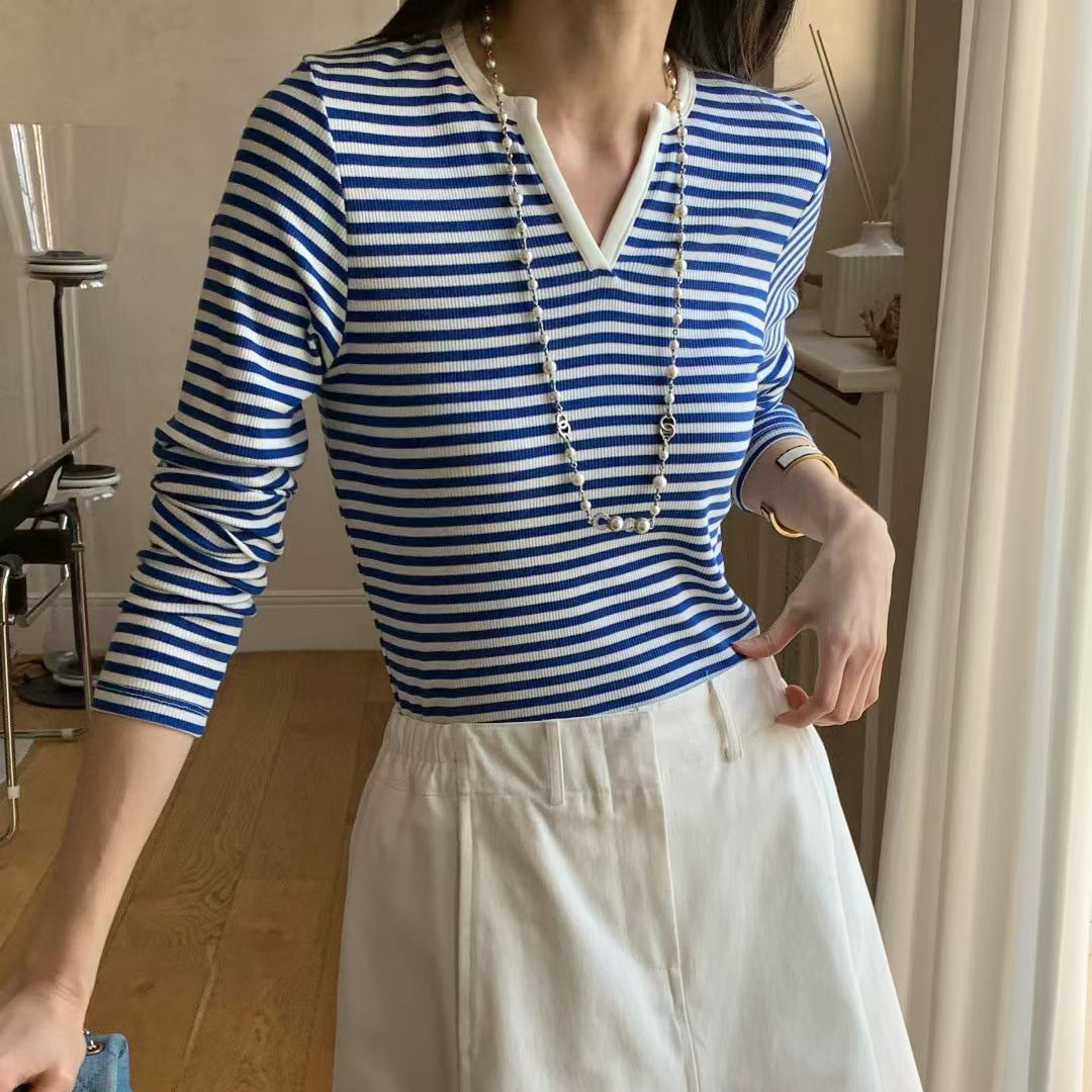 法式配色橫條紋V字圓領上衣 / 3色