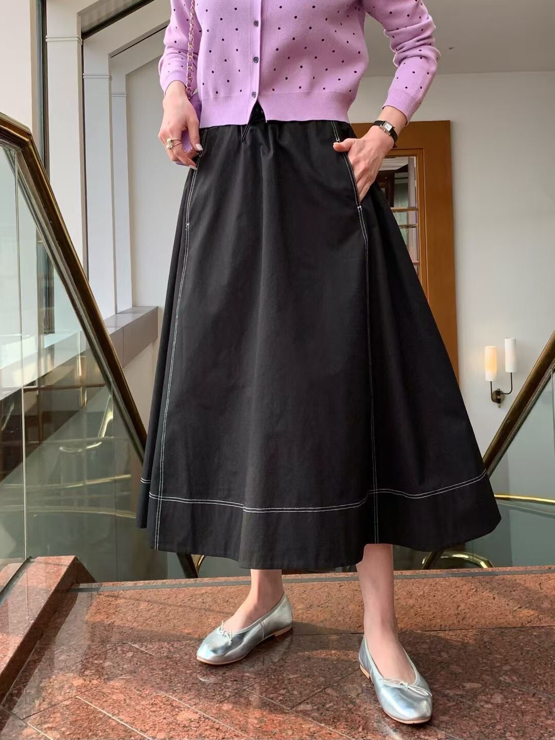 鬆緊腰束帶造型A字傘擺甜美長裙-F / 2色