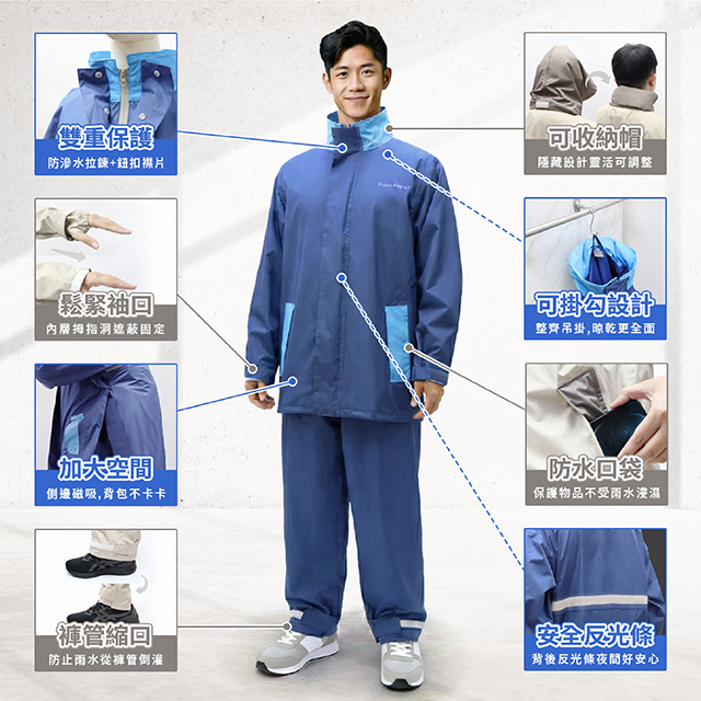 兩件式雨衣特色介紹：防滲水拉鍊雙層保護、側邊專利磁吸加大空間背包不卡、褲管縮口防止倒灌、安全反光條、防水口袋、可卡掛勾設計晾乾更全面、可收納帽、鬆緊袖口