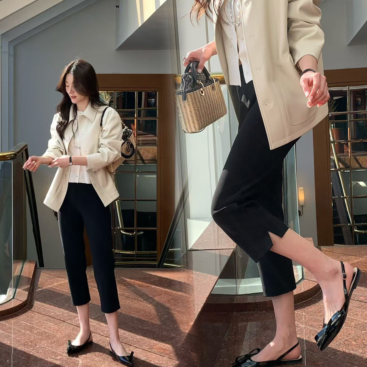 經典黑鬆緊腰褲腳側開衩造型七分褲-F