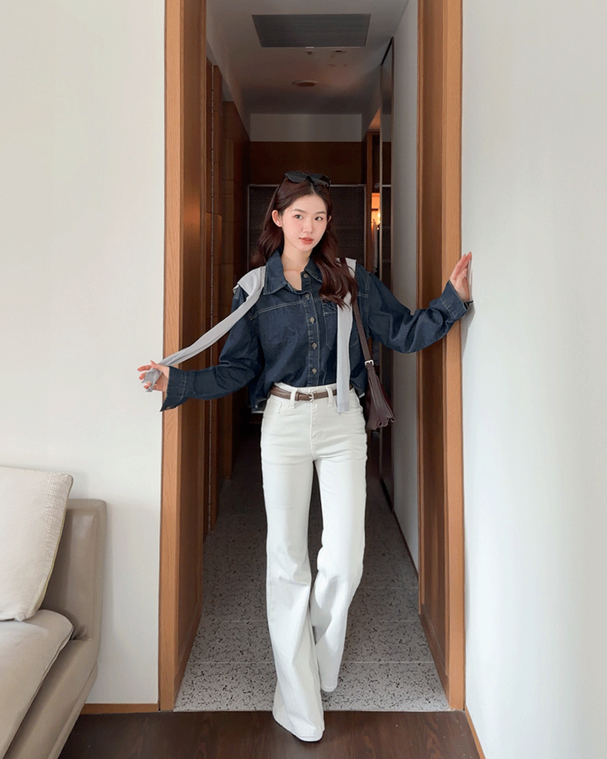 LINA LINA梨型密碼修身藏肉喇叭寬褲附皮帶-灰白S-XL