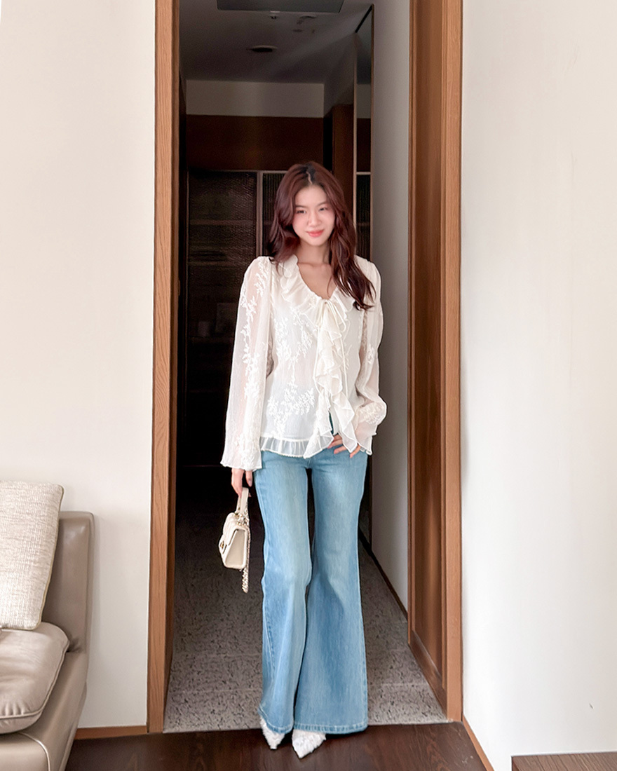 LINA LINA梨型密碼修身藏肉喇叭寬褲附皮帶-藍S-XL
