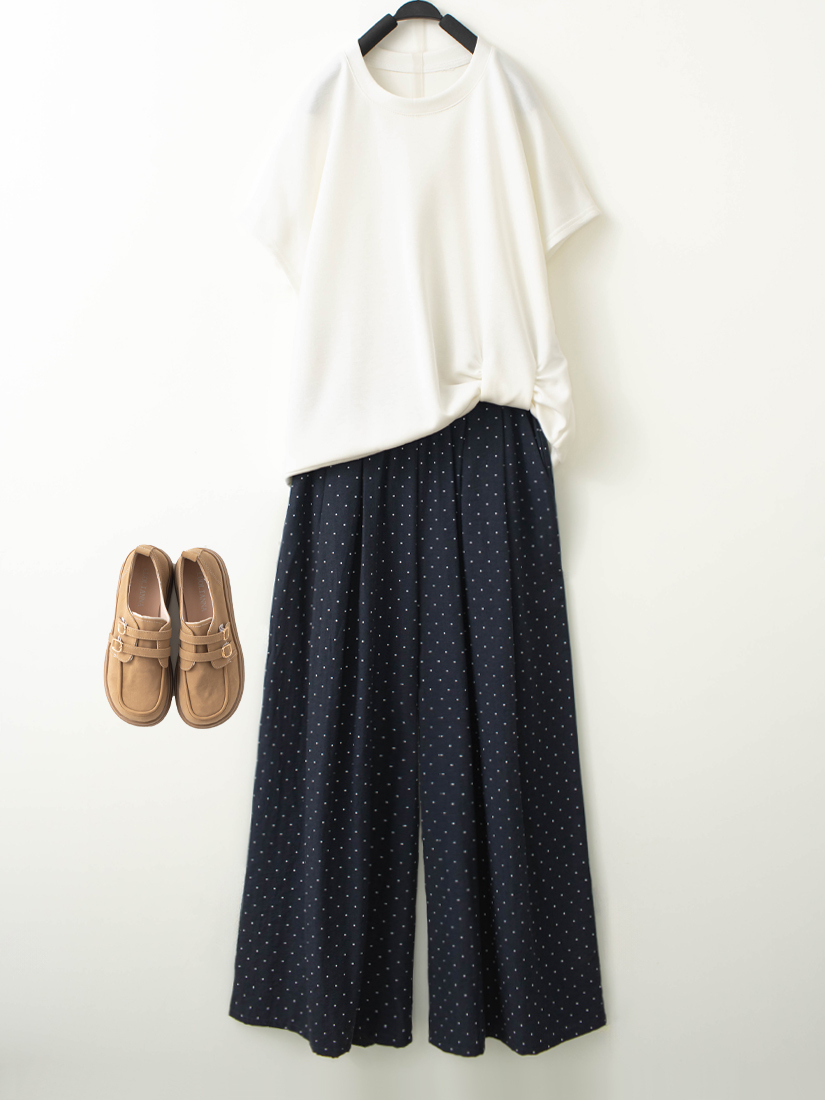 下擺扭結短袖上衣點點印花九分寬褲組合