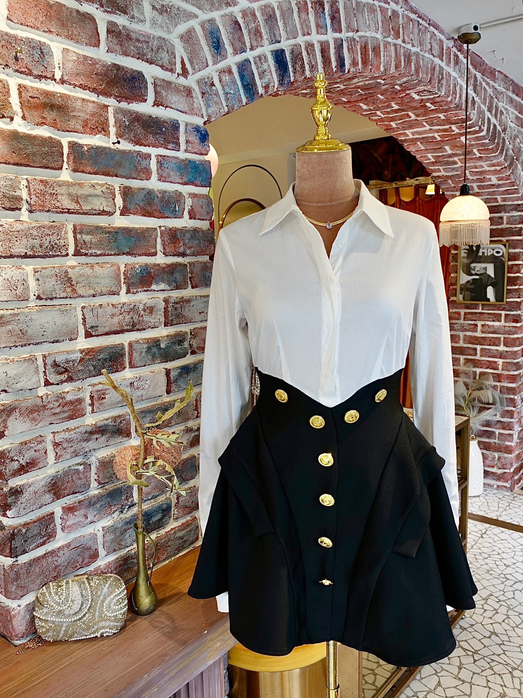 Black White黑白色襯衫金鈕釦繃帶Mini Dress