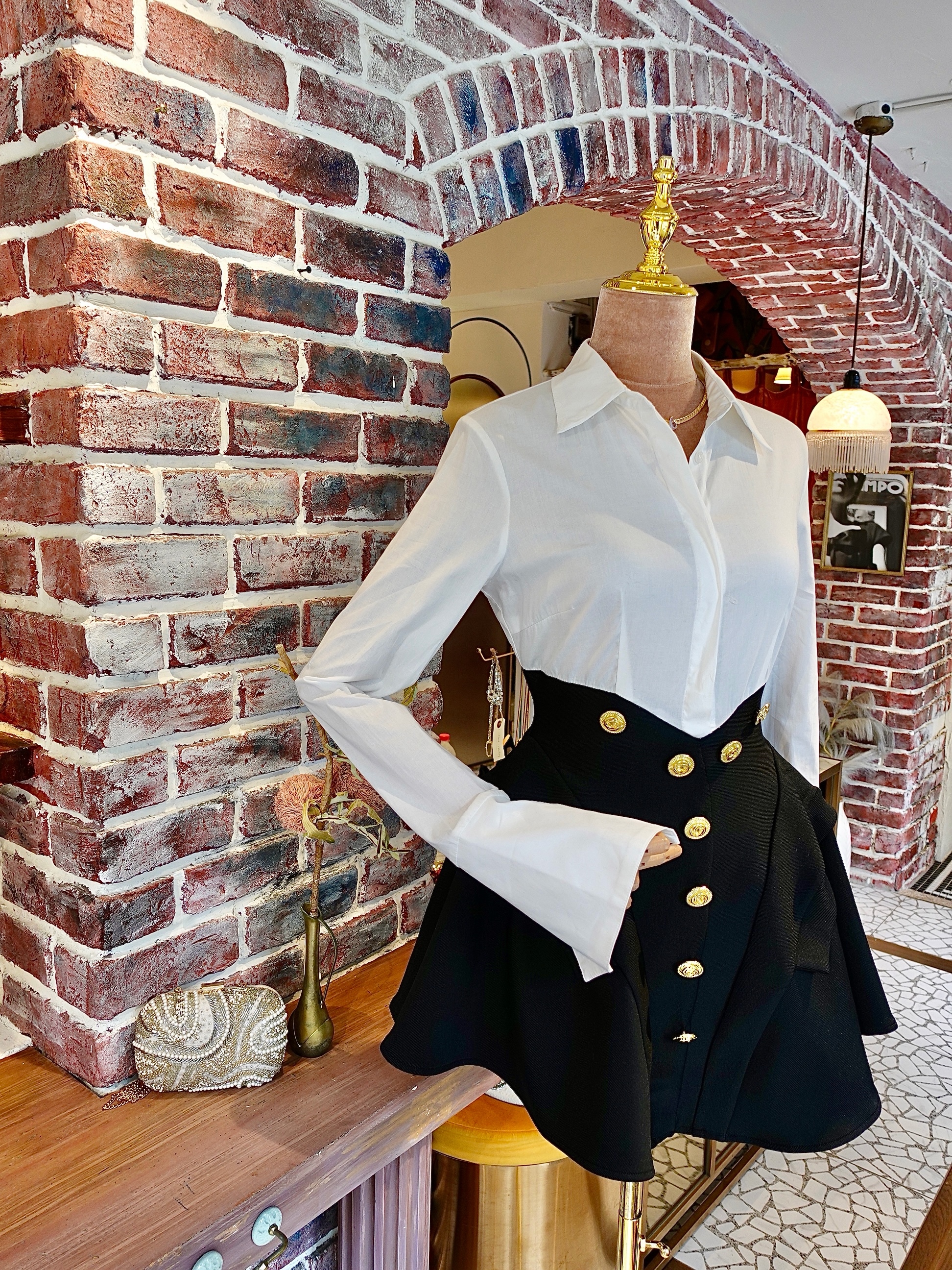 Black White黑白色襯衫金鈕釦繃帶Mini Dress