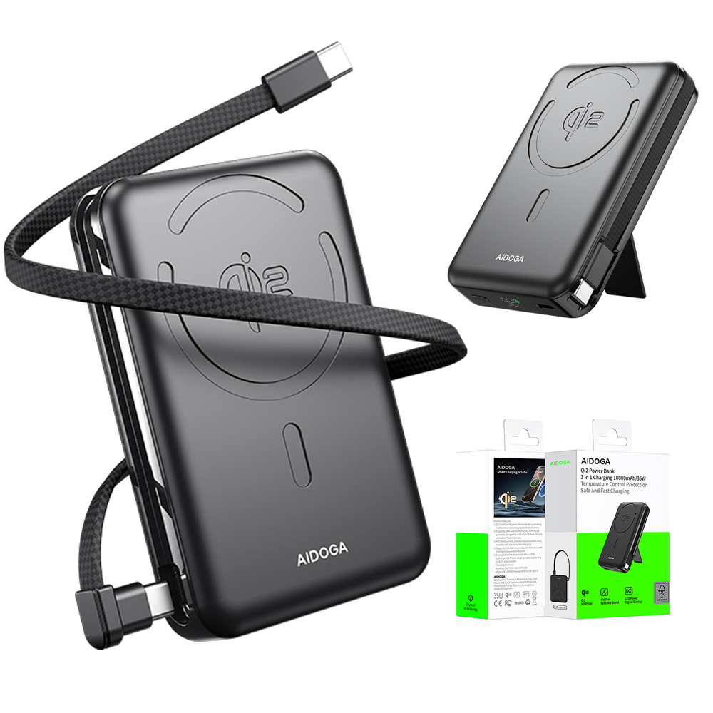 AIDOGA 艾迪伽 Qi2 10000mAh 可上飛機 磁吸無線充電行動電源手機支架充電線 兼容Magsafe Wh/台灣BSMI/中國CCC認證