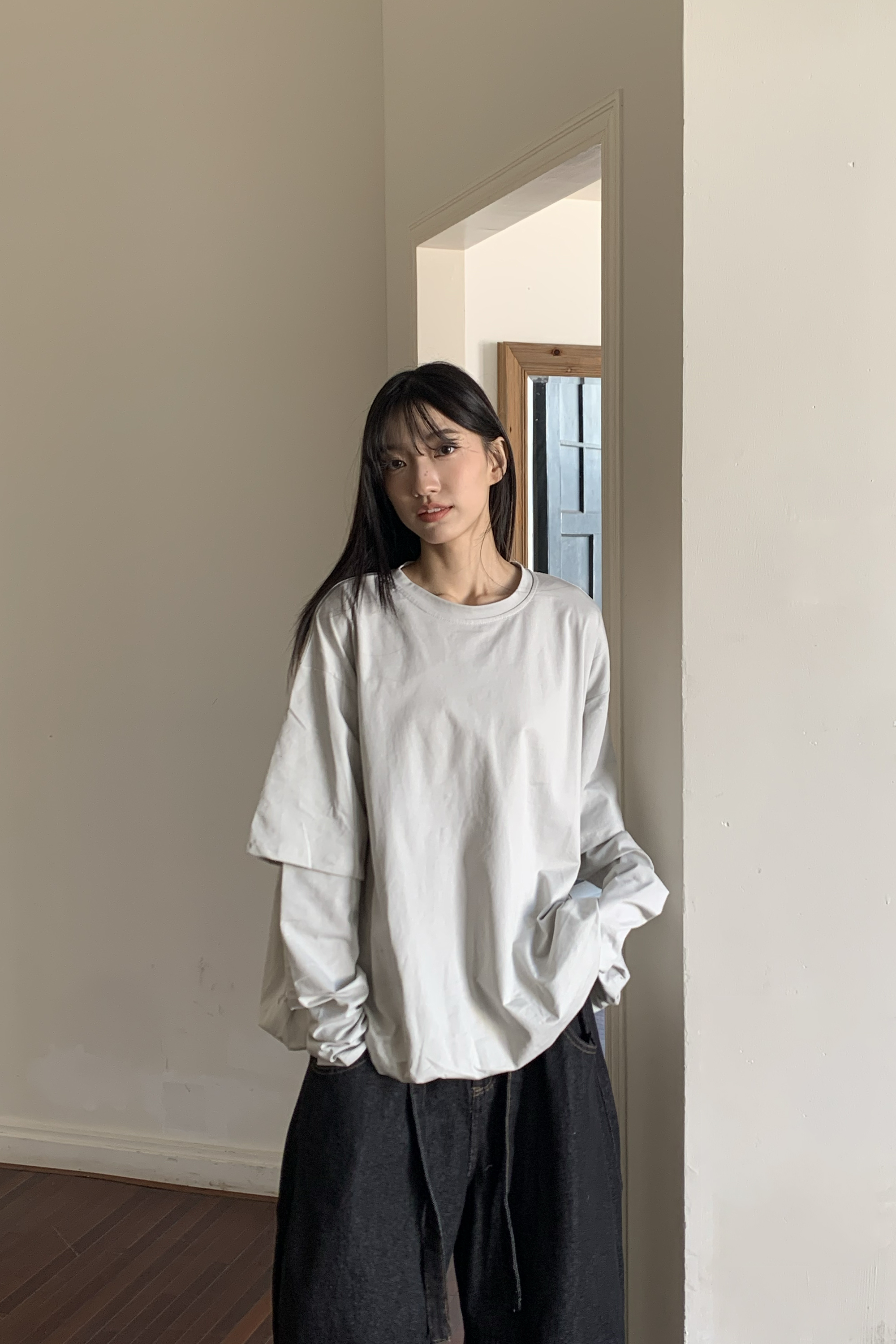 素面假兩件花苞長袖T 6色