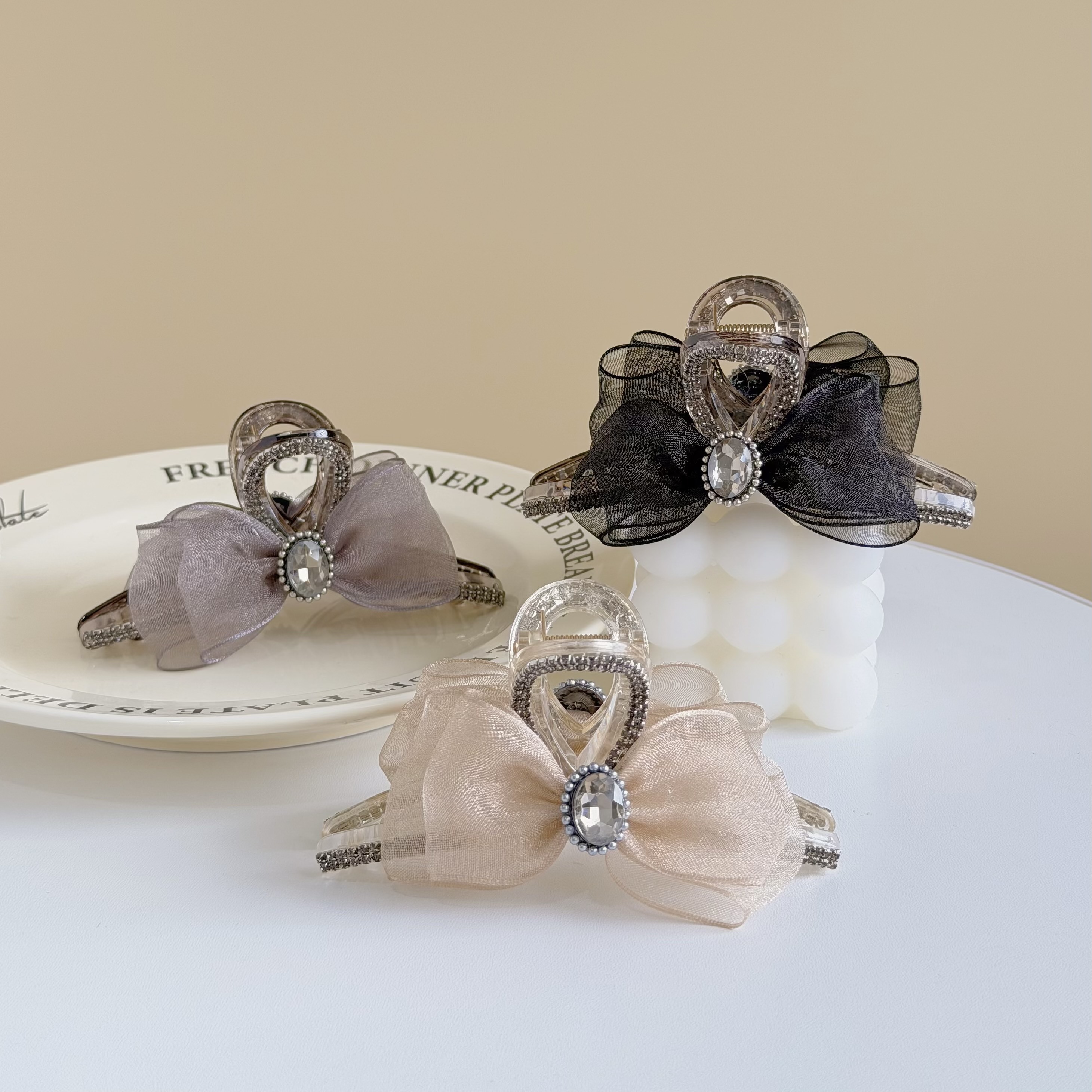 T108水鑽珍珠透紗蝴蝶結鯊魚夾