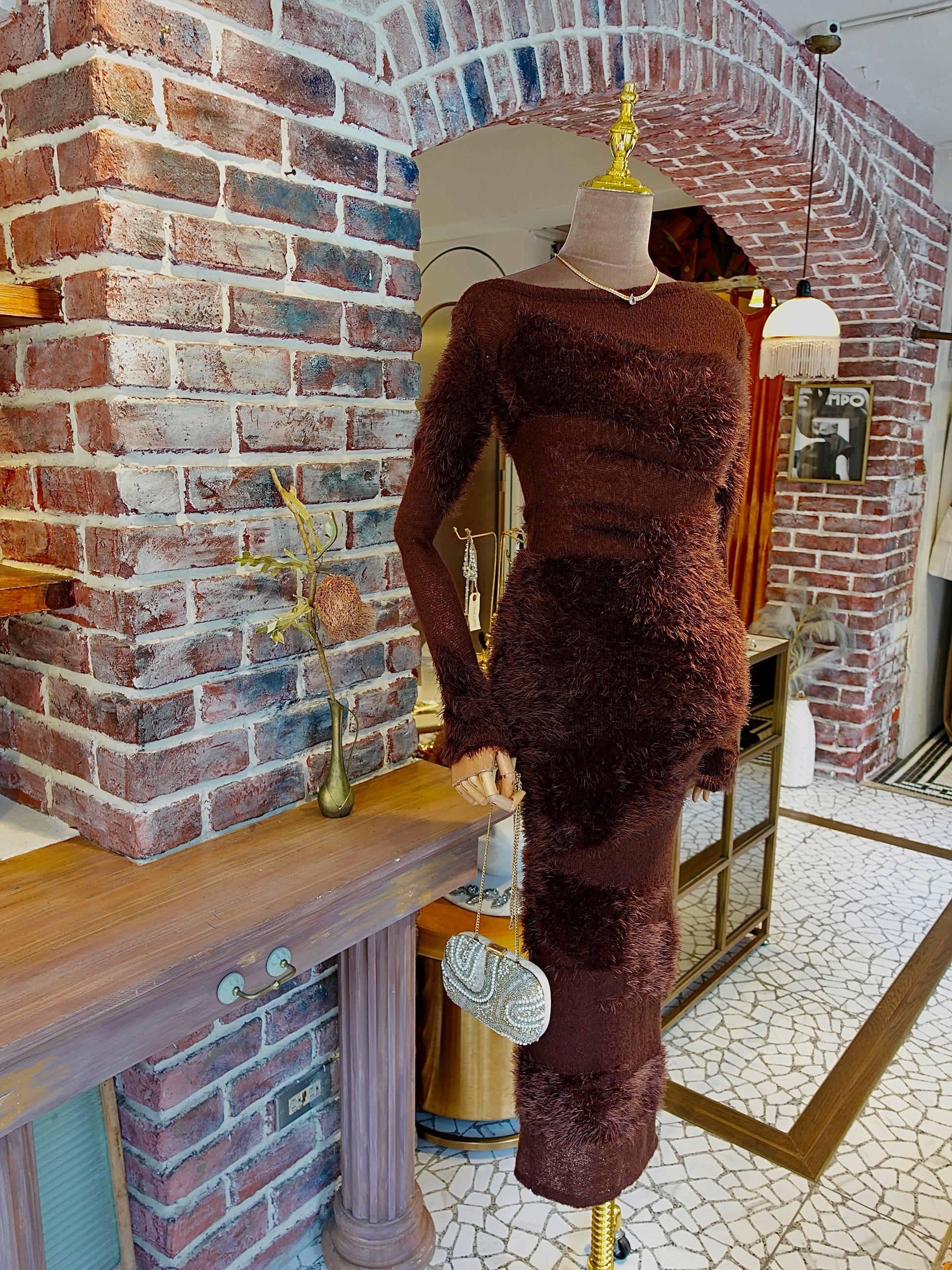 Brown Love咖啡色透紗針織拼接毛毛Maxi Dress