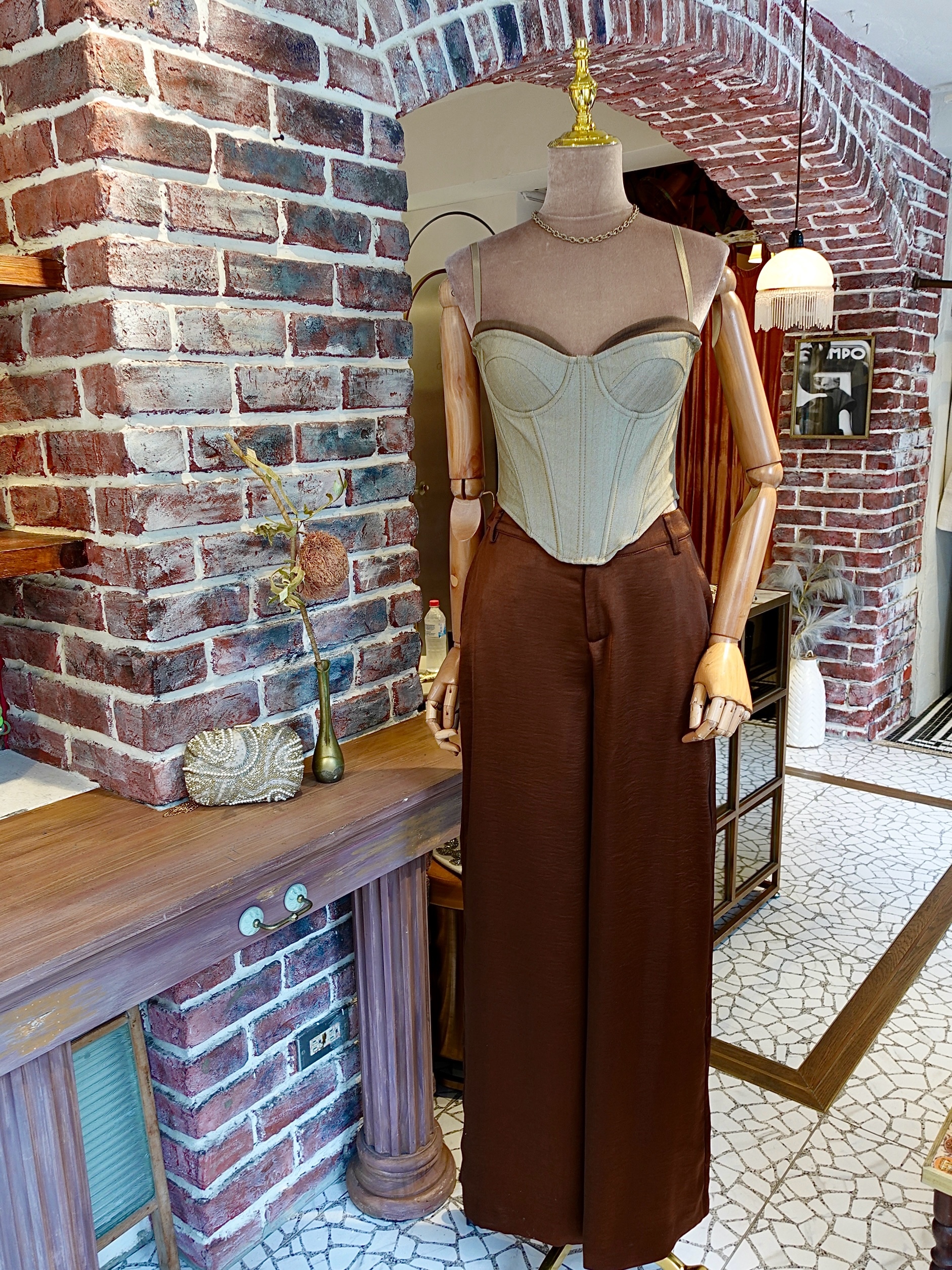 Brown Satin摩卡色緞面長寛褲