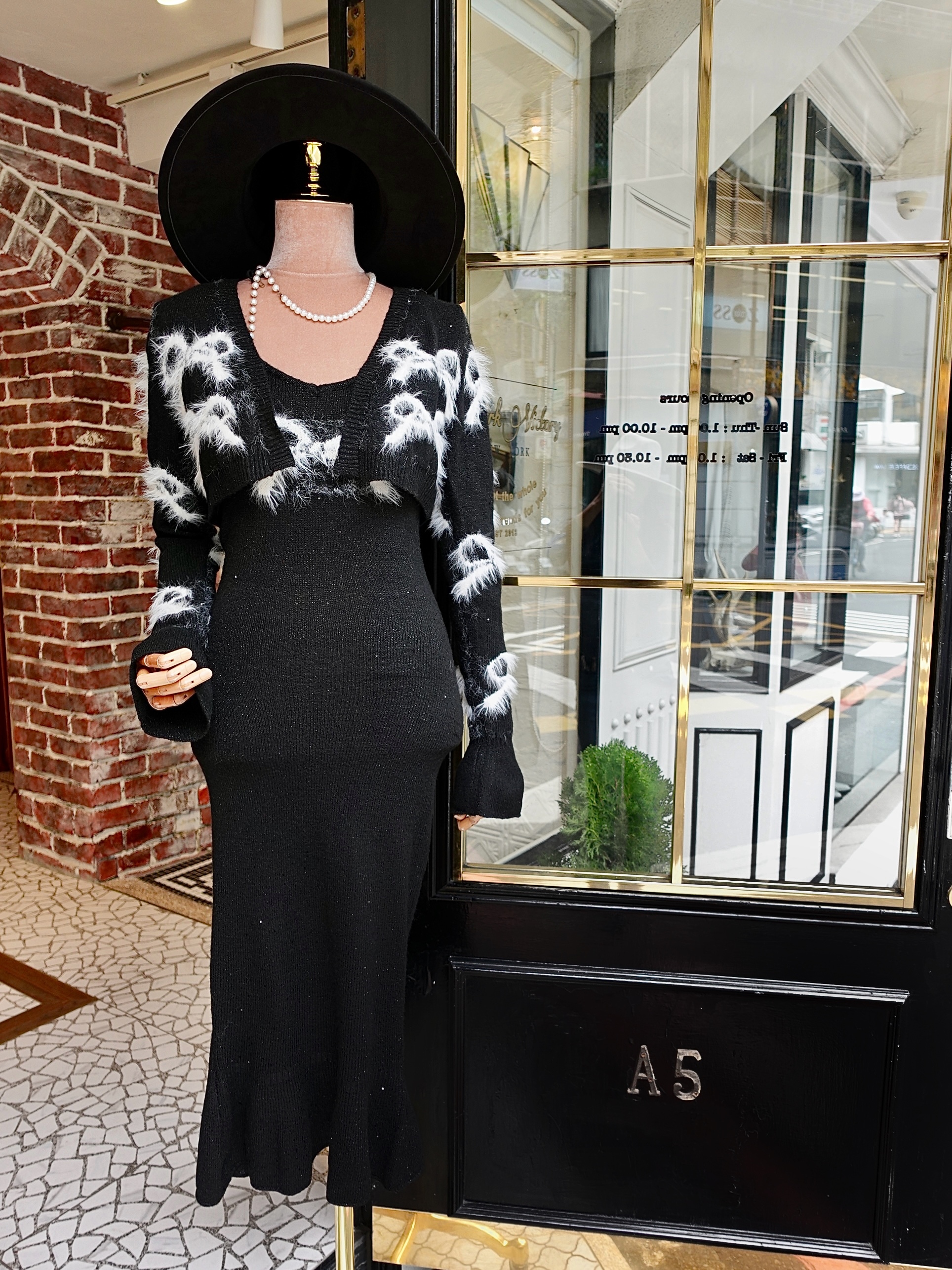 Love Bow黑白色蝴蝶結緹花針織亮蔥洋裝+外套套裝