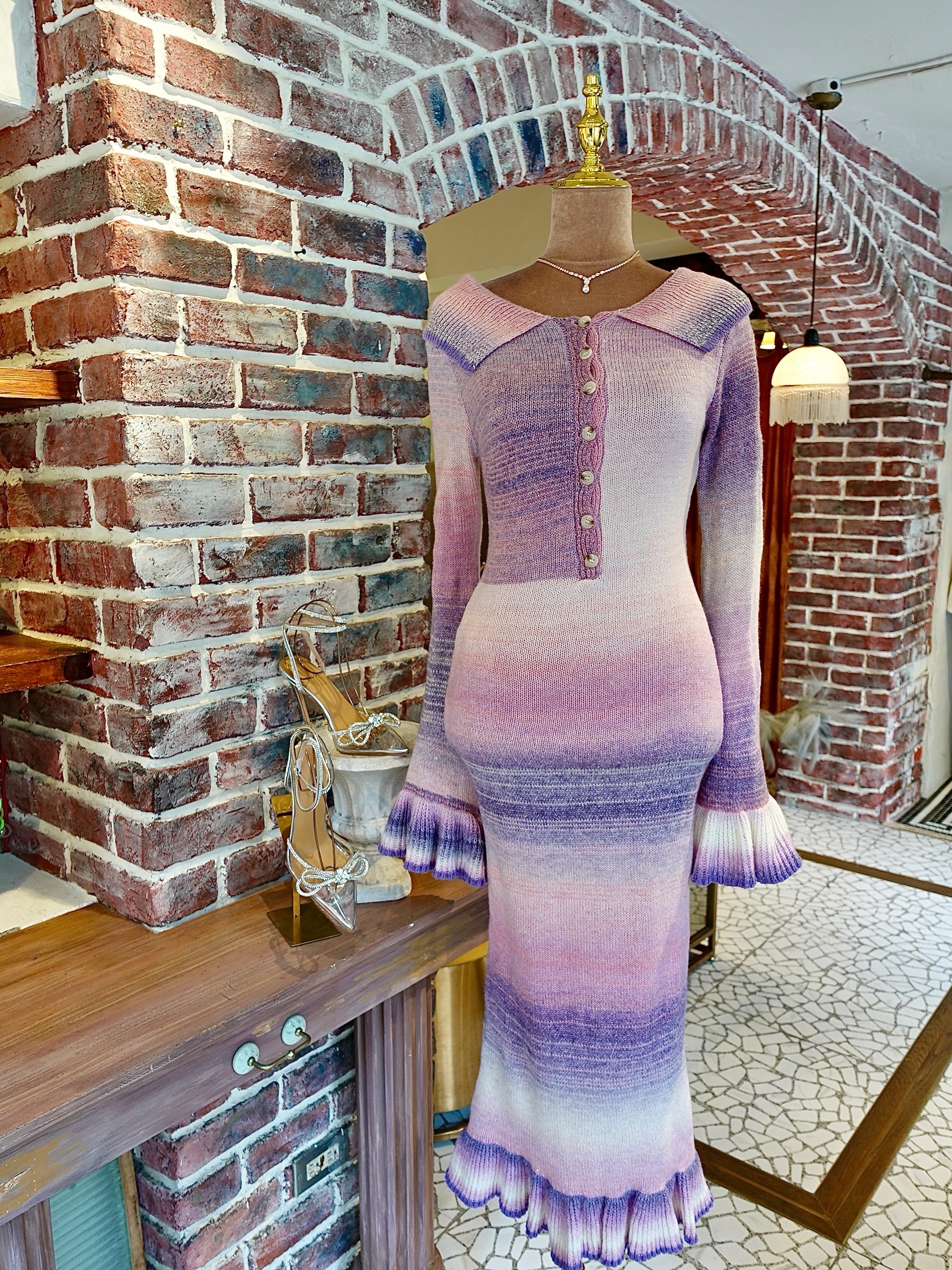 Dream Pink粉紫色漸層荷葉針織Midi Dress