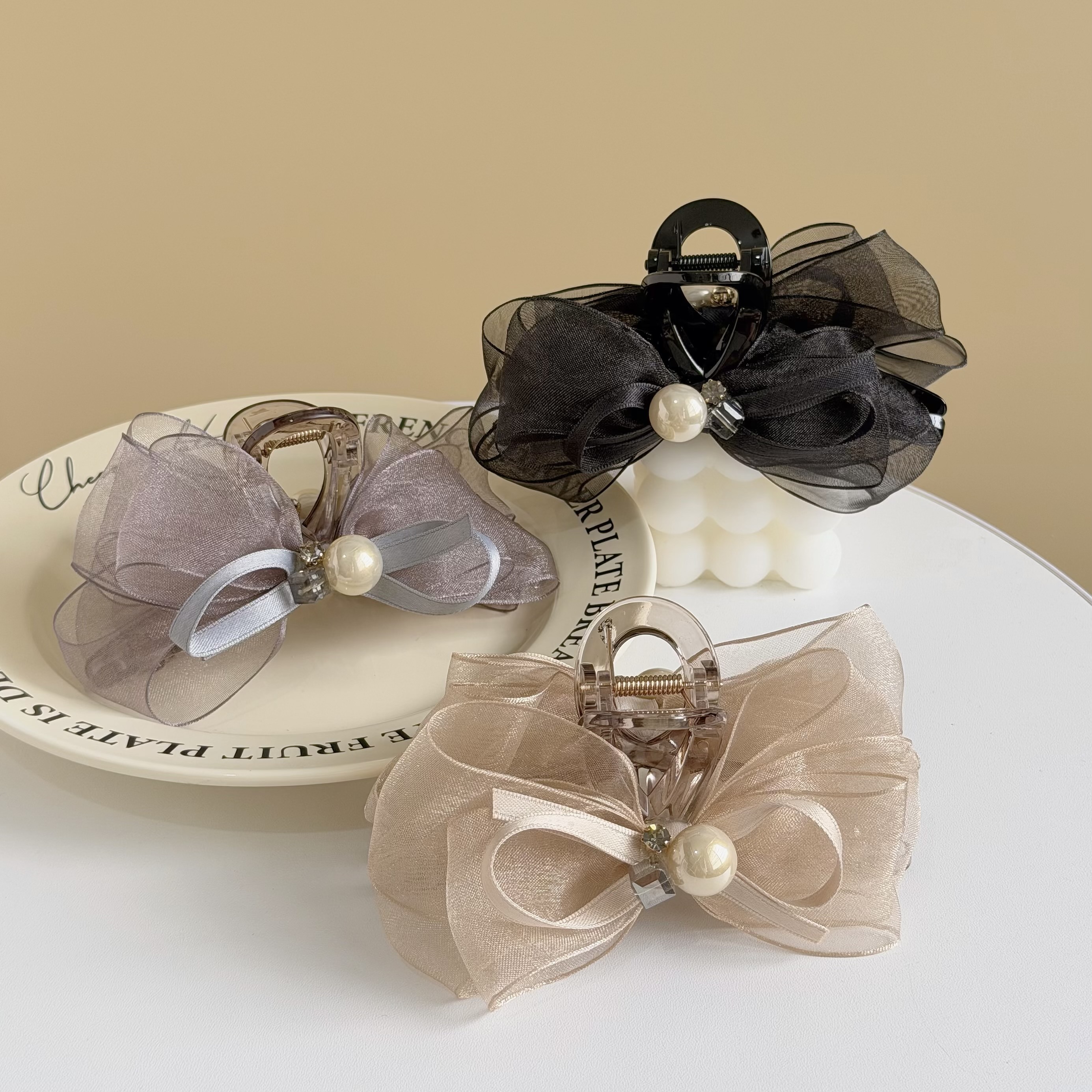 Z120珍珠方鑽網紗蝴蝶結鯊魚夾