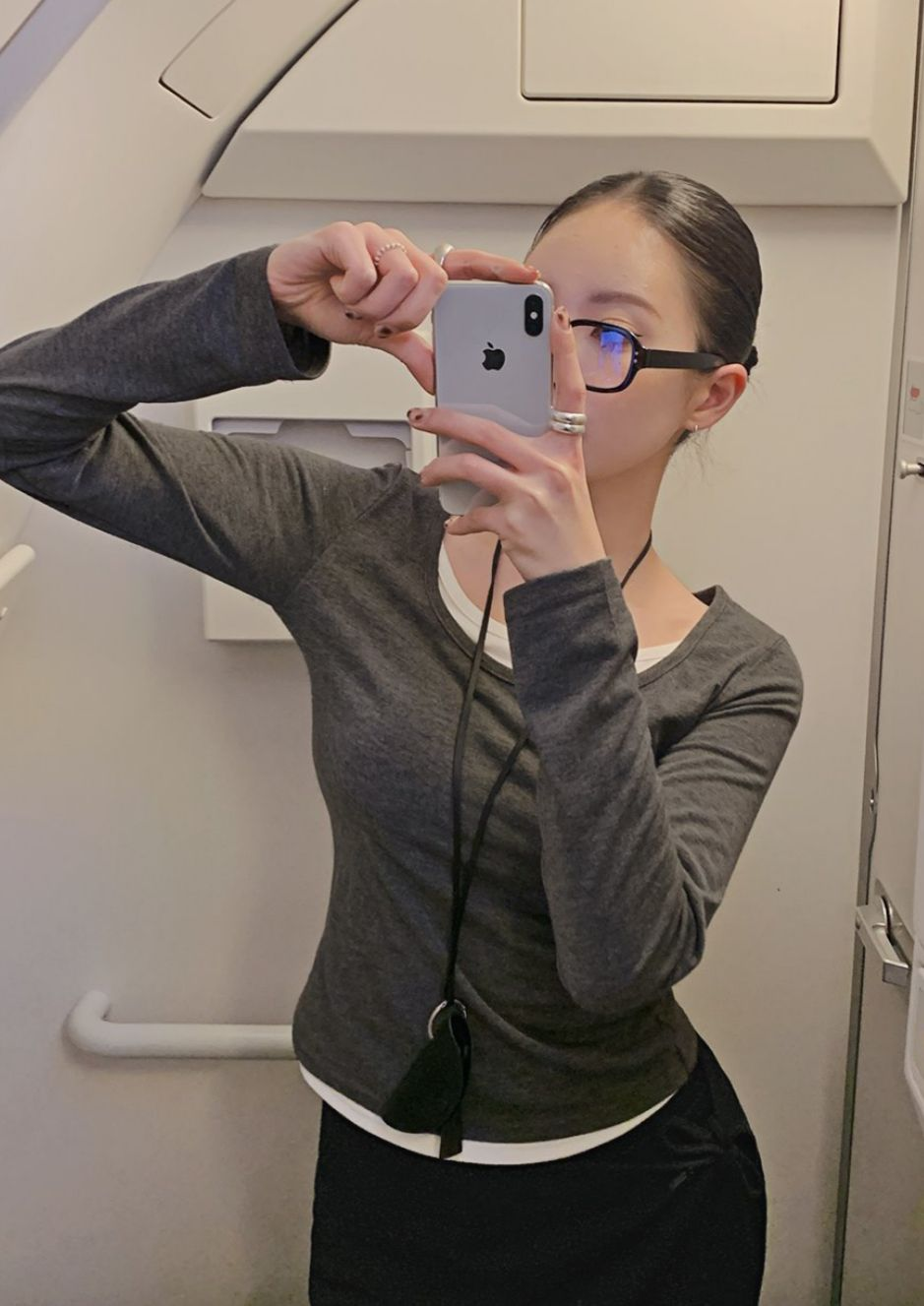 假兩件薄長袖上衣(灰色)