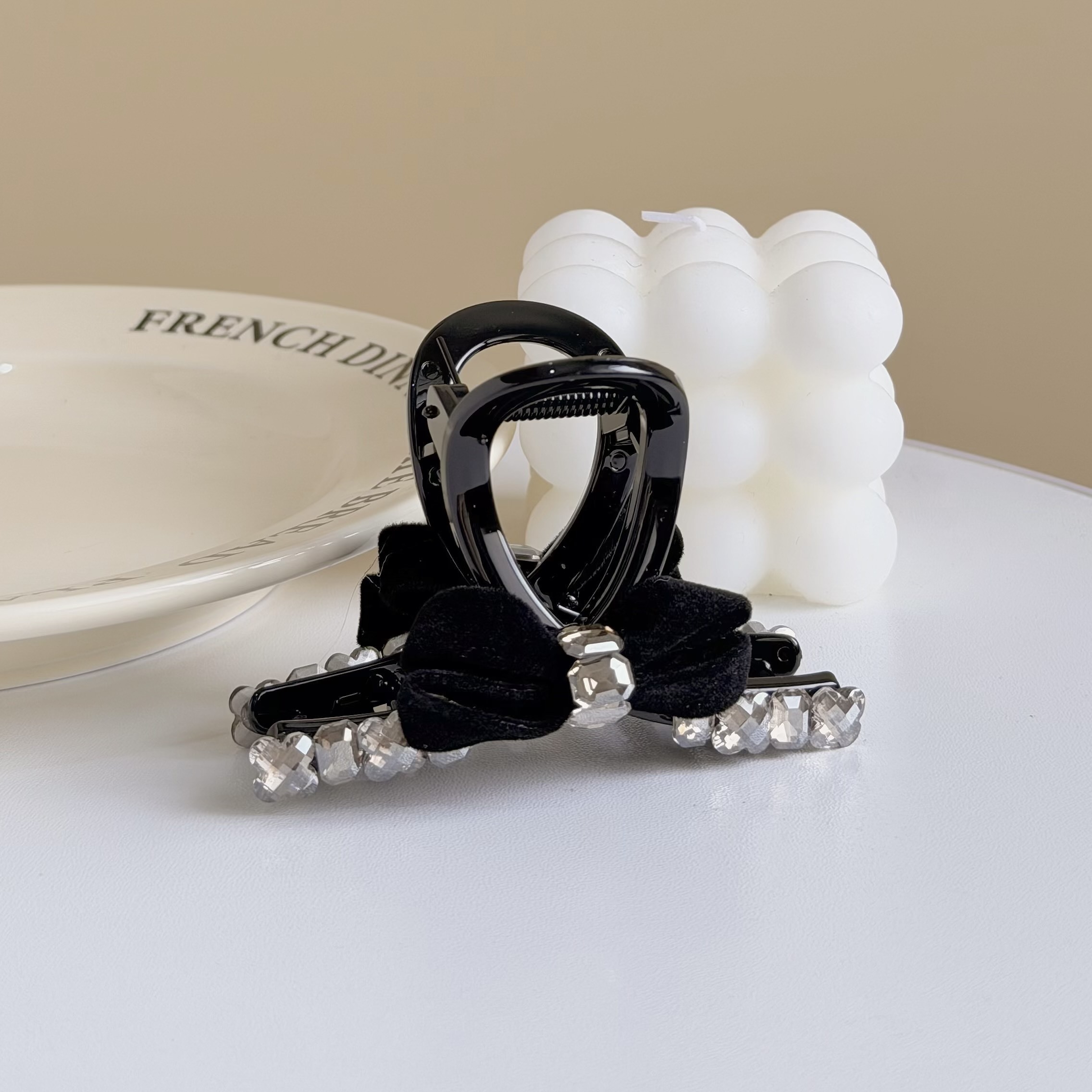 T117水鑽絨布蝴蝶結半頭夾