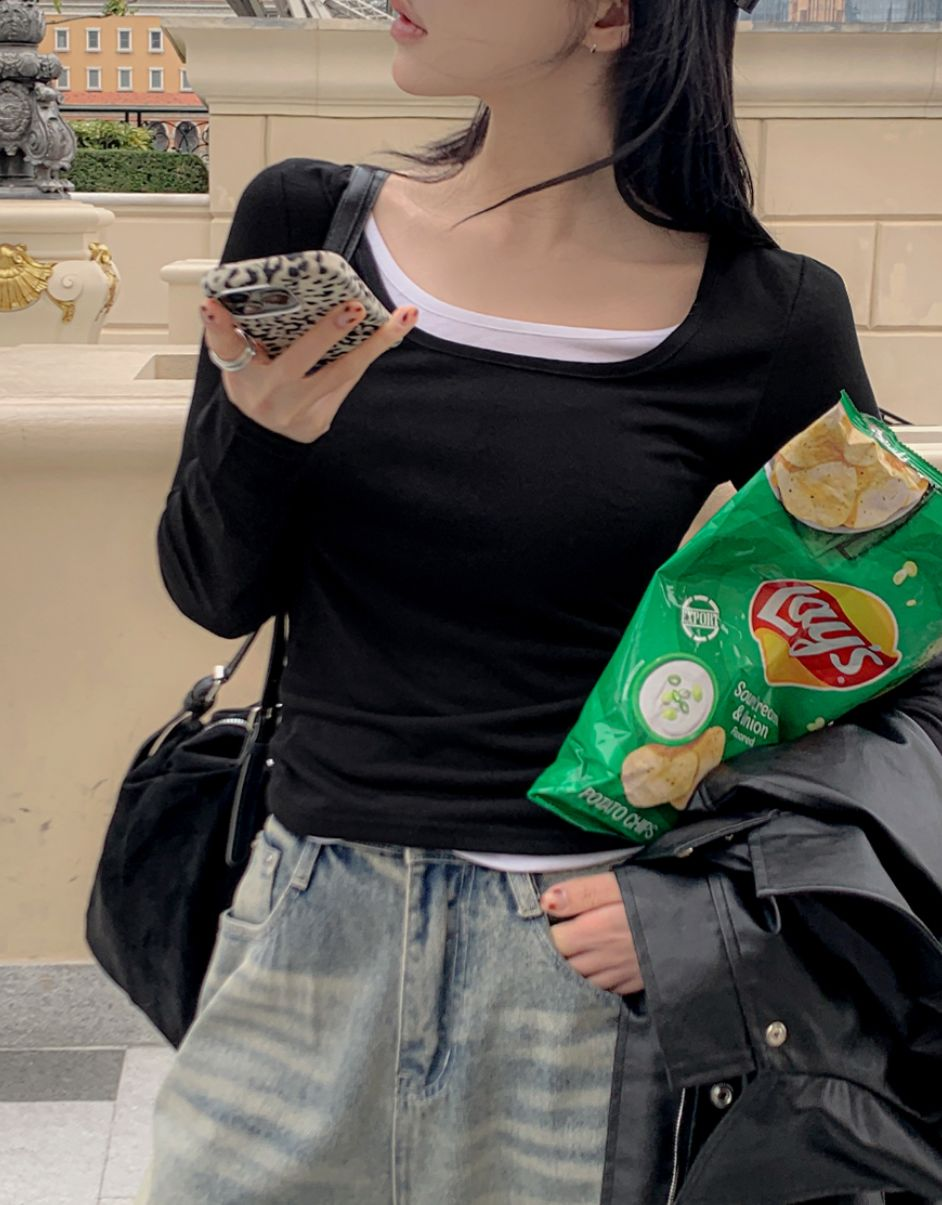 假兩件薄長袖上衣(黑色)