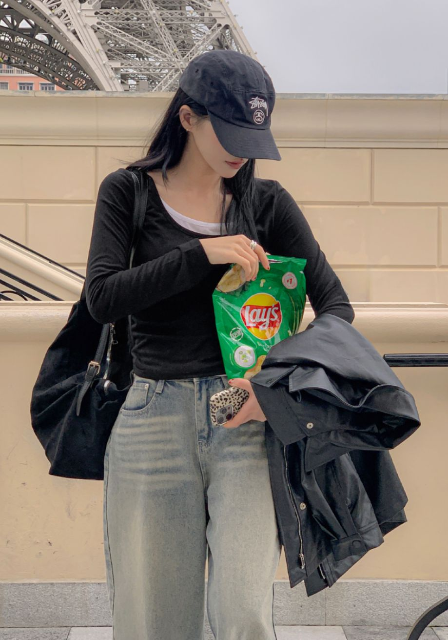 假兩件薄長袖上衣(黑色)