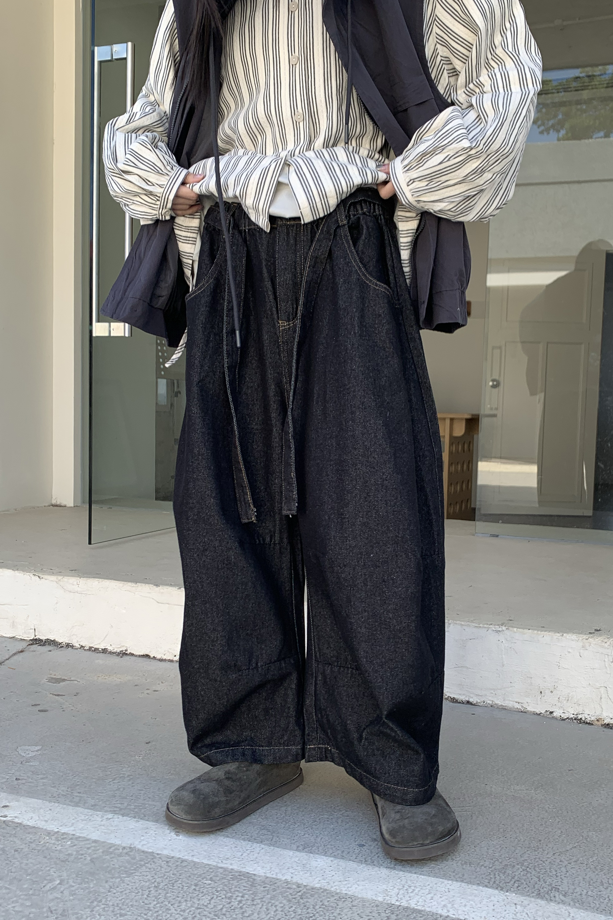 個性寬鬆腰帶牛仔褲 2色