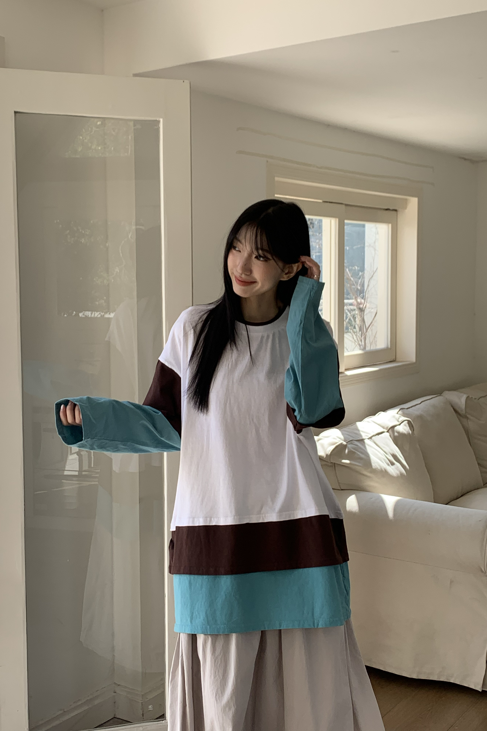 撞色層次感拼接長袖T 3色